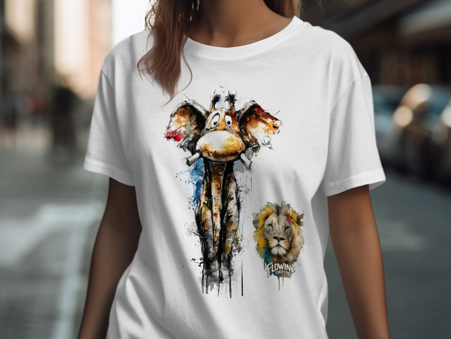 RMA APPAREL Giraffe With Lion Mens Womens Unisex T-Shirt - Flowing Emotions White T-Shirts - RMA APPAREL - Roclla Media Apparel Store