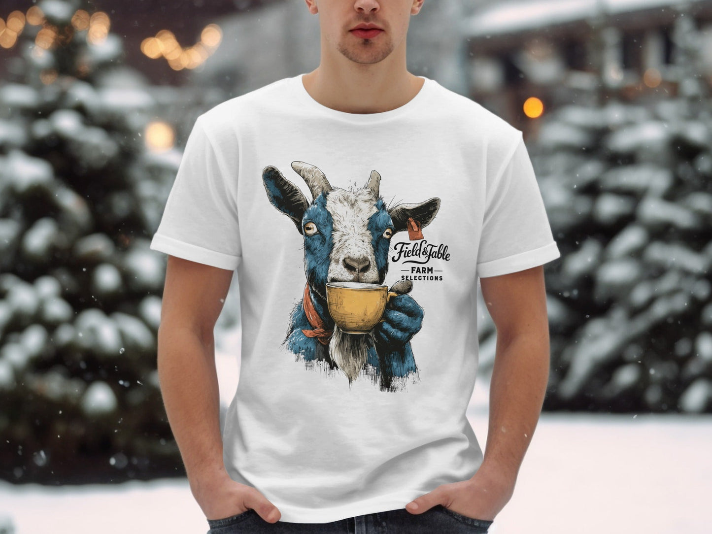 RMA APPAREL Goat Coffee Lover Mens Womens Unisex T-Shirt - Field&Fable White T-Shirt - RMA APPAREL - Roclla Media Apparel Store