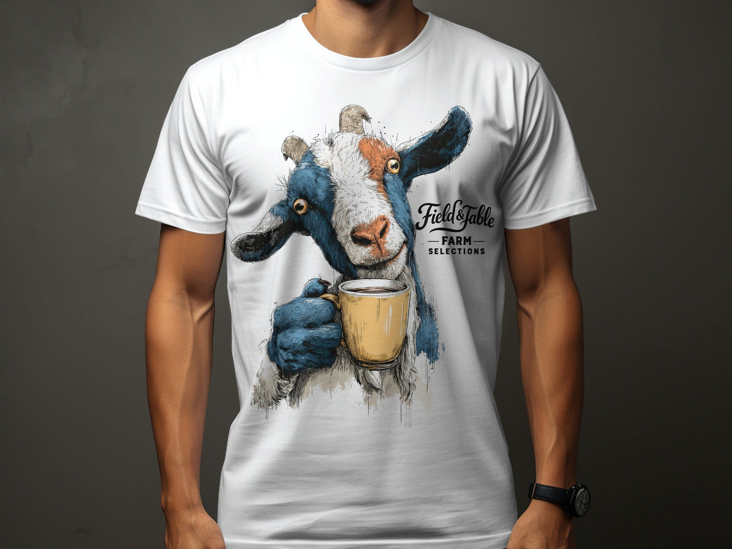 RMA APPAREL Goat Drinking Coffee Graphic Animal T-Shirt - Field&Fable White T-Shirt - RMA APPAREL - Roclla Media Apparel Store