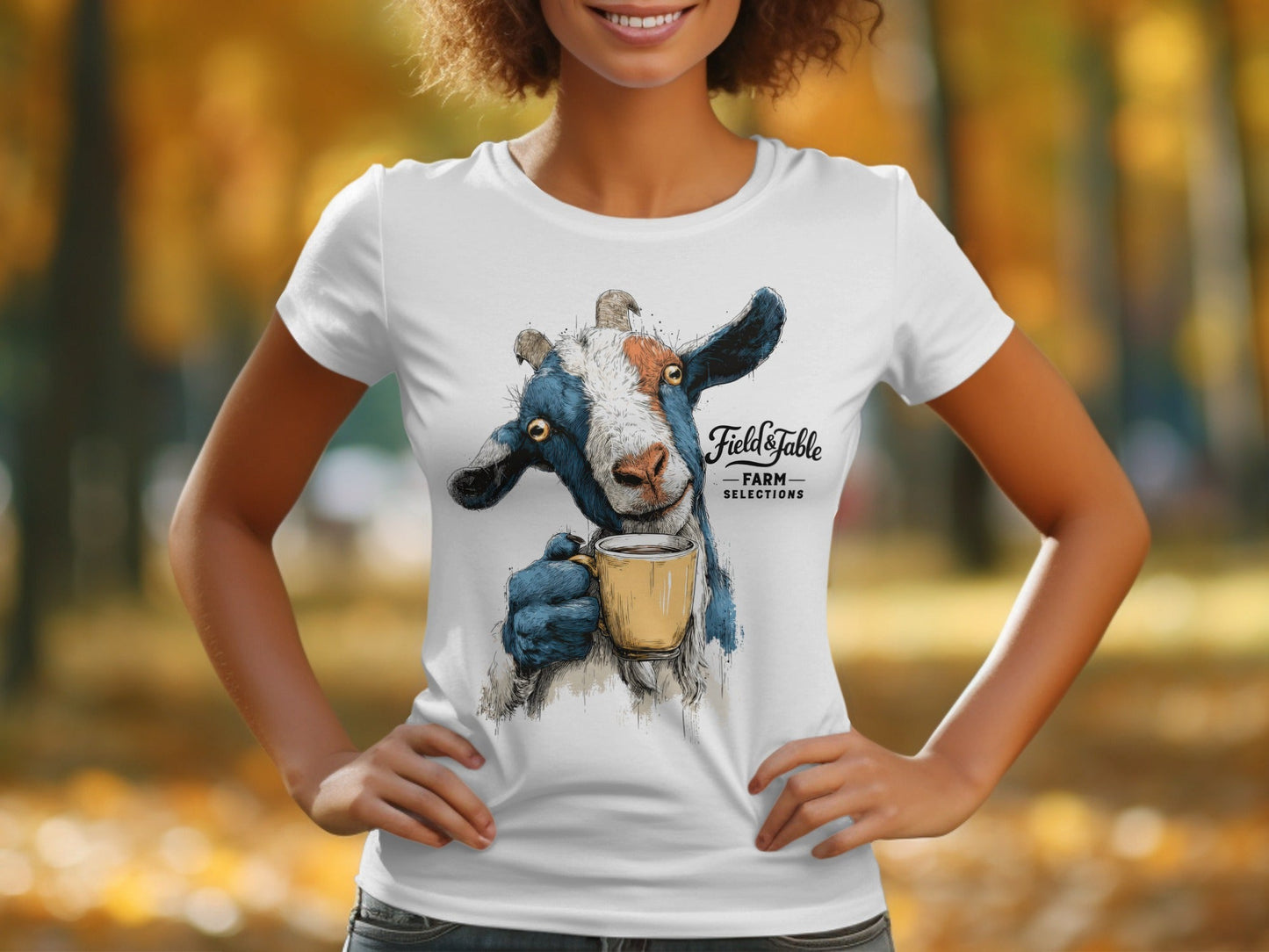 RMA APPAREL Goat Drinking Coffee Graphic Animal T-Shirt - Field&Fable White T-Shirt - RMA APPAREL - Roclla Media Apparel Store