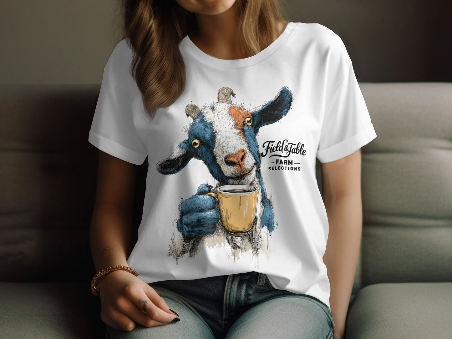 RMA APPAREL Goat Drinking Coffee Graphic Animal T-Shirt - Field&Fable White T-Shirt - RMA APPAREL - Roclla Media Apparel Store