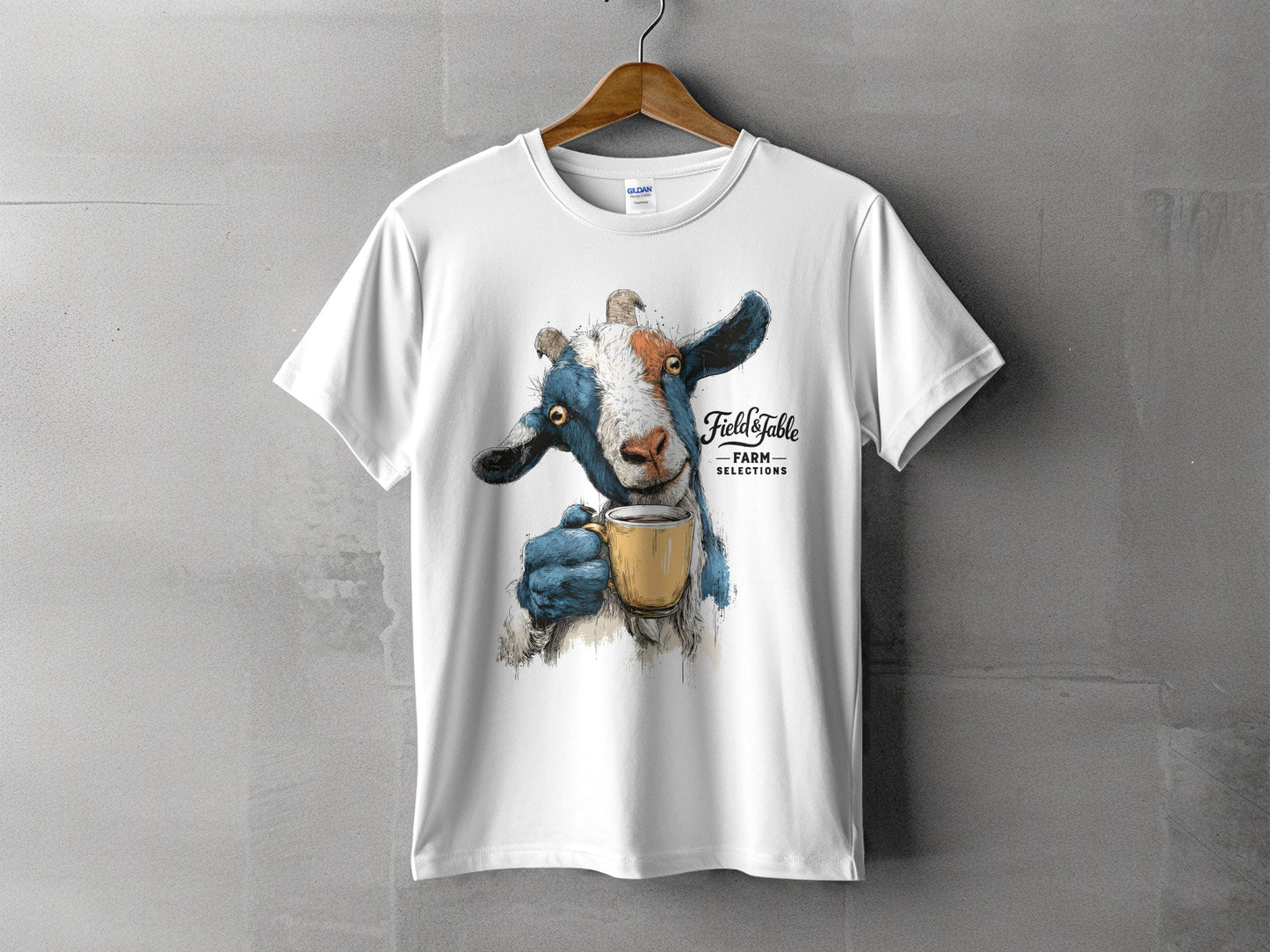 RMA APPAREL Goat Drinking Coffee Graphic Animal T-Shirt - Field&Fable White T-Shirt - RMA APPAREL - Roclla Media Apparel Store