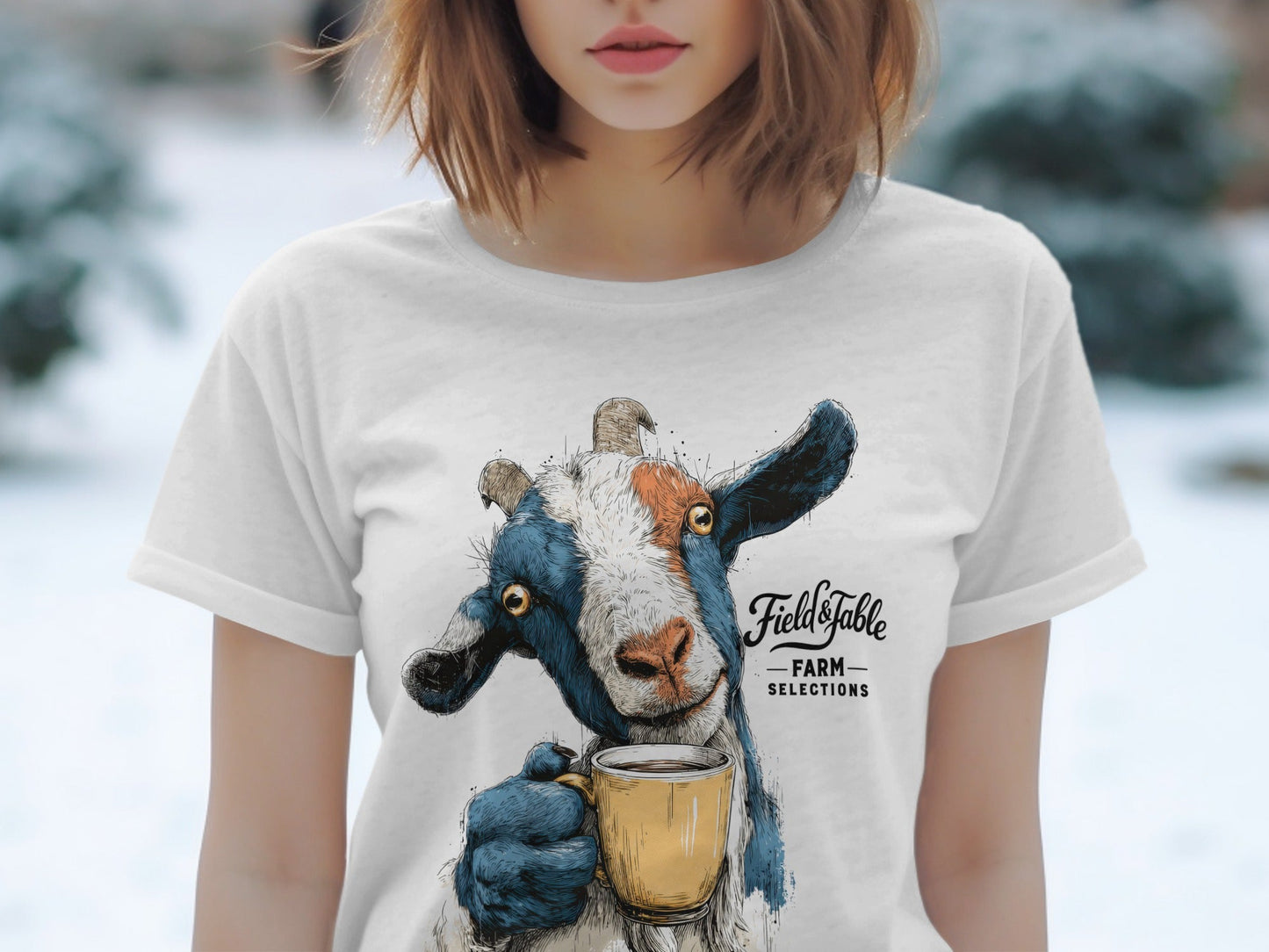 RMA APPAREL Goat Drinking Coffee Graphic Animal T-Shirt - Field&Fable White T-Shirt - RMA APPAREL - Roclla Media Apparel Store