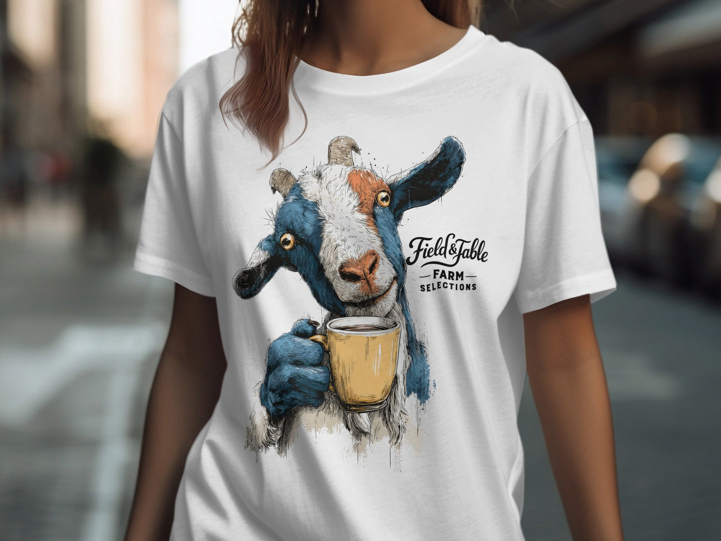 RMA APPAREL Goat Drinking Coffee Graphic Animal T-Shirt - Field&Fable White T-Shirt - RMA APPAREL - Roclla Media Apparel Store