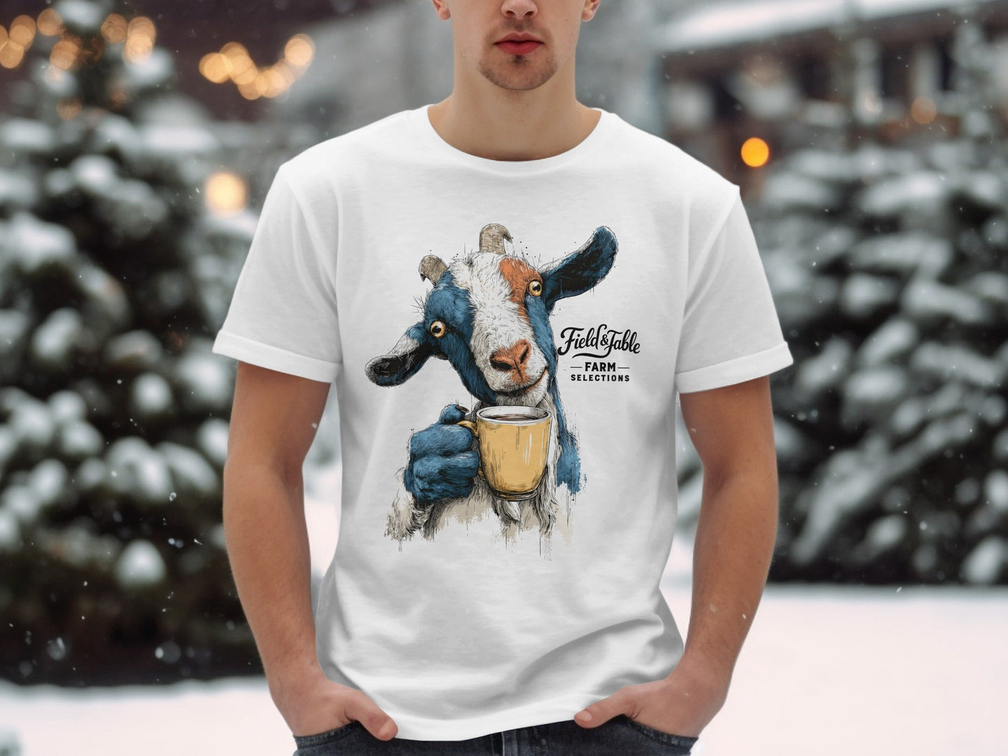 RMA APPAREL Goat Drinking Coffee Graphic Animal T-Shirt - Field&Fable White T-Shirt - RMA APPAREL - Roclla Media Apparel Store
