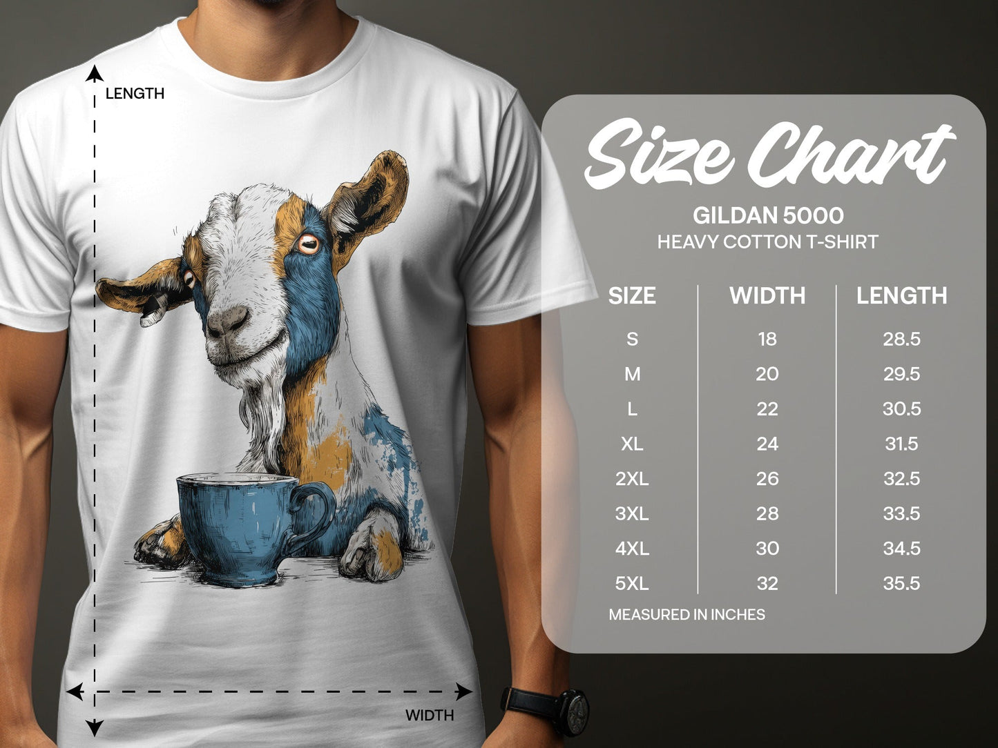 RMA APPAREL Goat with Coffee Cup Mens Womens Unisex T-Shirt - Field&Fable White T-Shirt - RMA APPAREL - Roclla Media Apparel Store