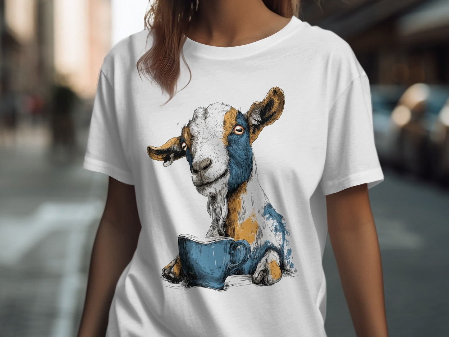 RMA APPAREL Goat with Coffee Cup Mens Womens Unisex T-Shirt - Field&Fable White T-Shirt - RMA APPAREL - Roclla Media Apparel Store