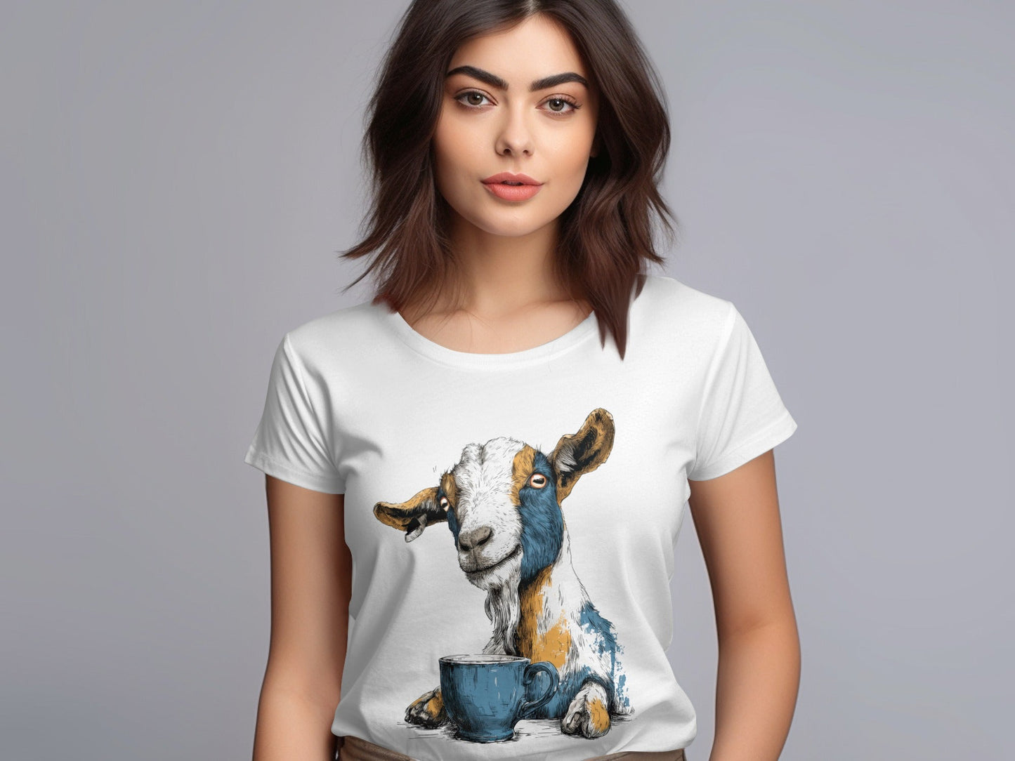 RMA APPAREL Goat with Coffee Cup Mens Womens Unisex T-Shirt - Field&Fable White T-Shirt - RMA APPAREL - Roclla Media Apparel Store