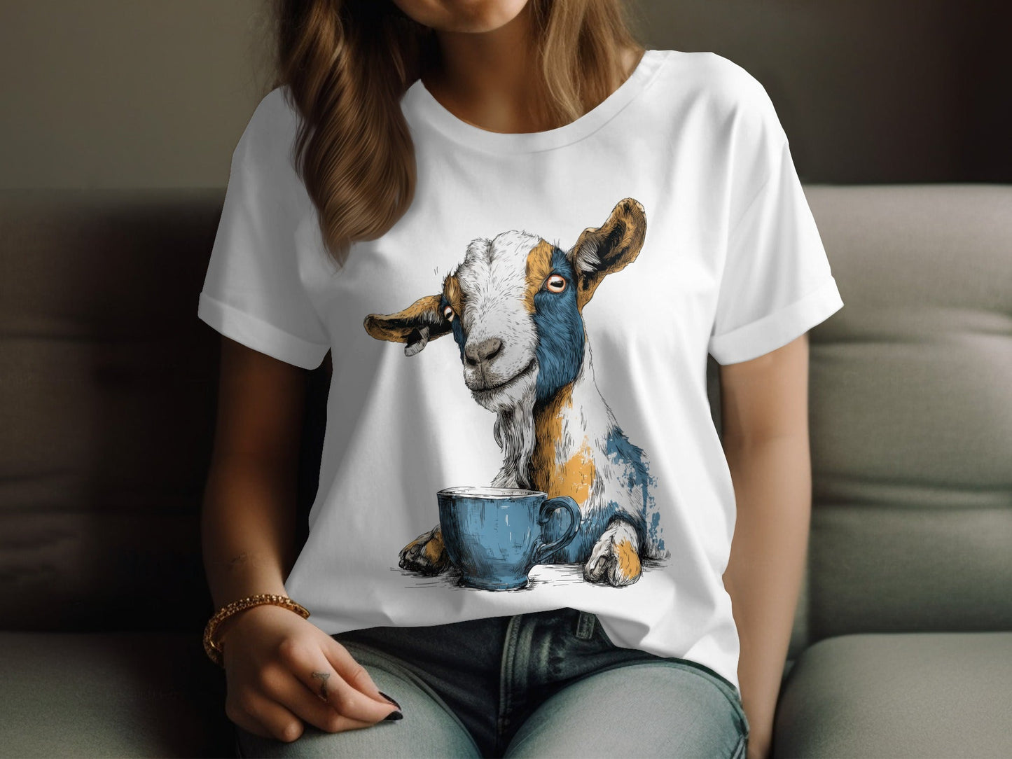 RMA APPAREL Goat with Coffee Cup Mens Womens Unisex T-Shirt - Field&Fable White T-Shirt - RMA APPAREL - Roclla Media Apparel Store