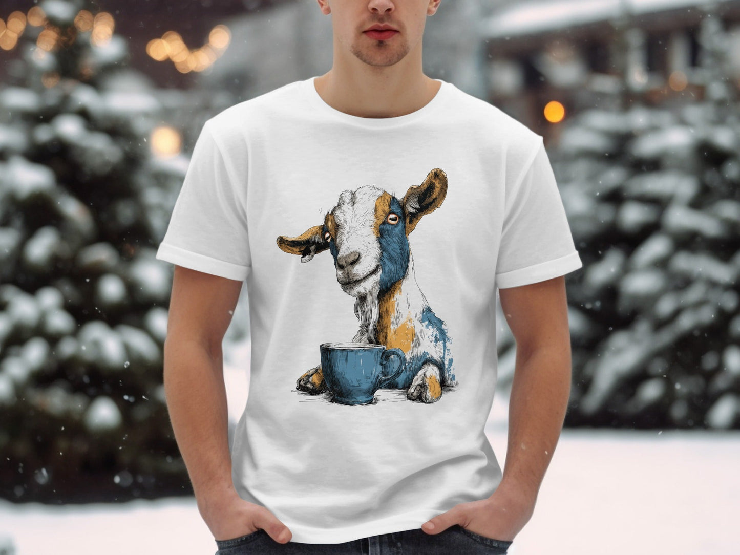 RMA APPAREL Goat with Coffee Cup Mens Womens Unisex T-Shirt - Field&Fable White T-Shirt - RMA APPAREL - Roclla Media Apparel Store
