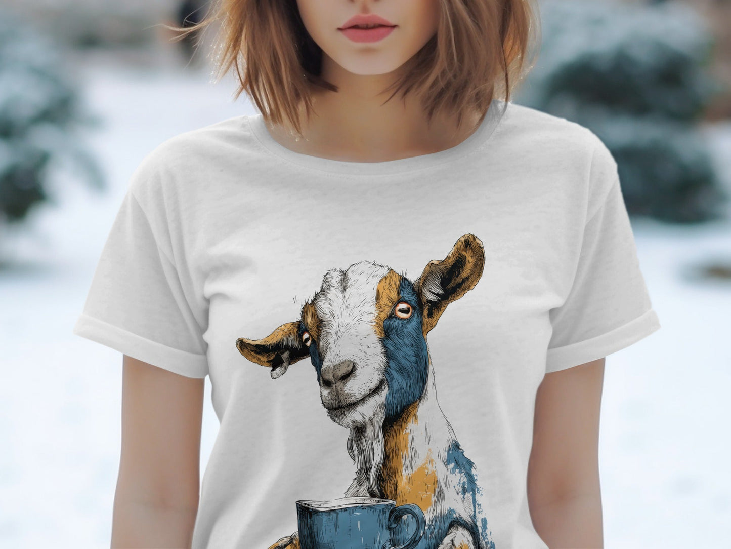 RMA APPAREL Goat with Coffee Cup Mens Womens Unisex T-Shirt - Field&Fable White T-Shirt - RMA APPAREL - Roclla Media Apparel Store