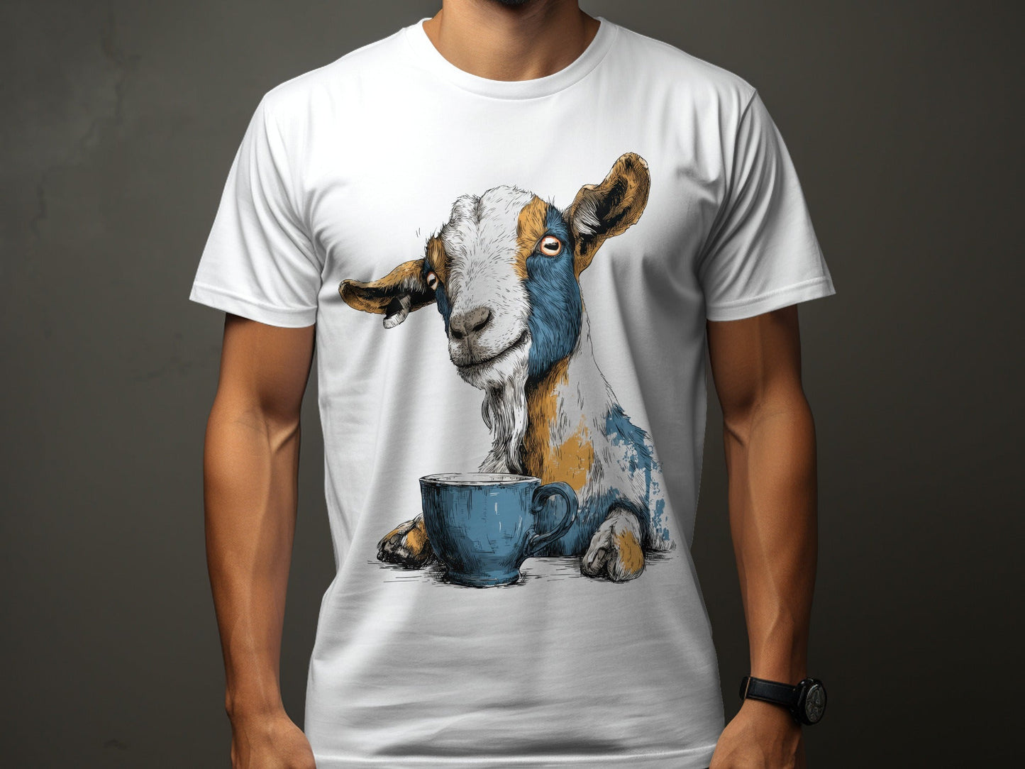 RMA APPAREL Goat with Coffee Cup Mens Womens Unisex T-Shirt - Field&Fable White T-Shirt - RMA APPAREL - Roclla Media Apparel Store