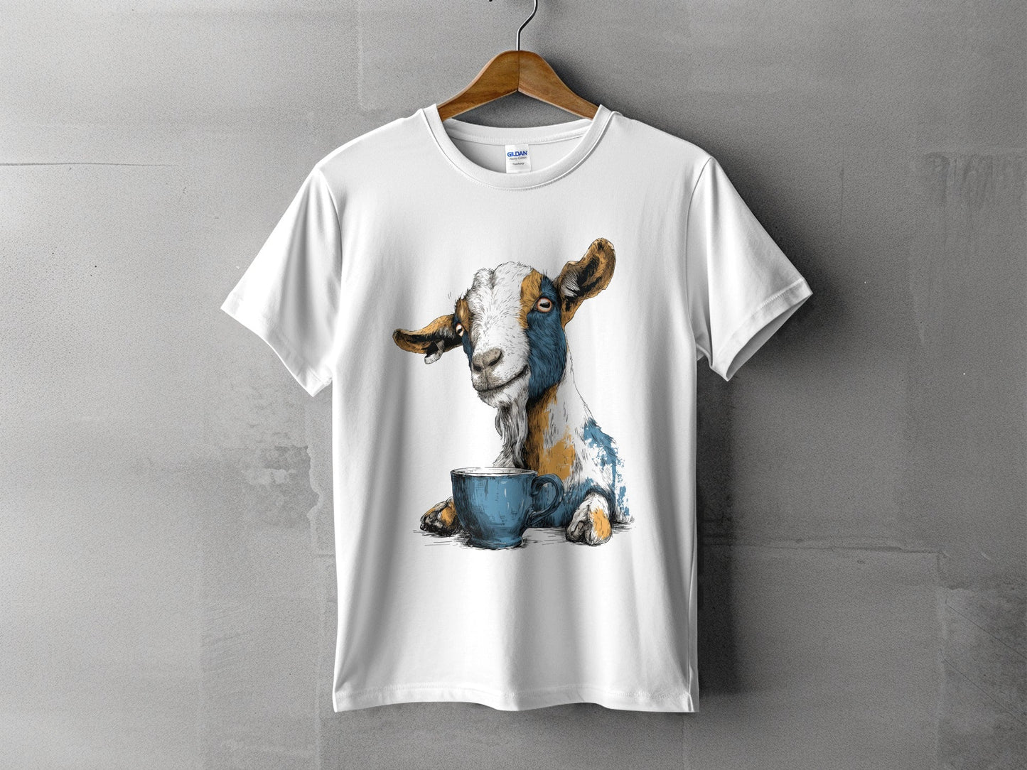 RMA APPAREL Goat with Coffee Cup Mens Womens Unisex T-Shirt - Field&Fable White T-Shirt - RMA APPAREL - Roclla Media Apparel Store