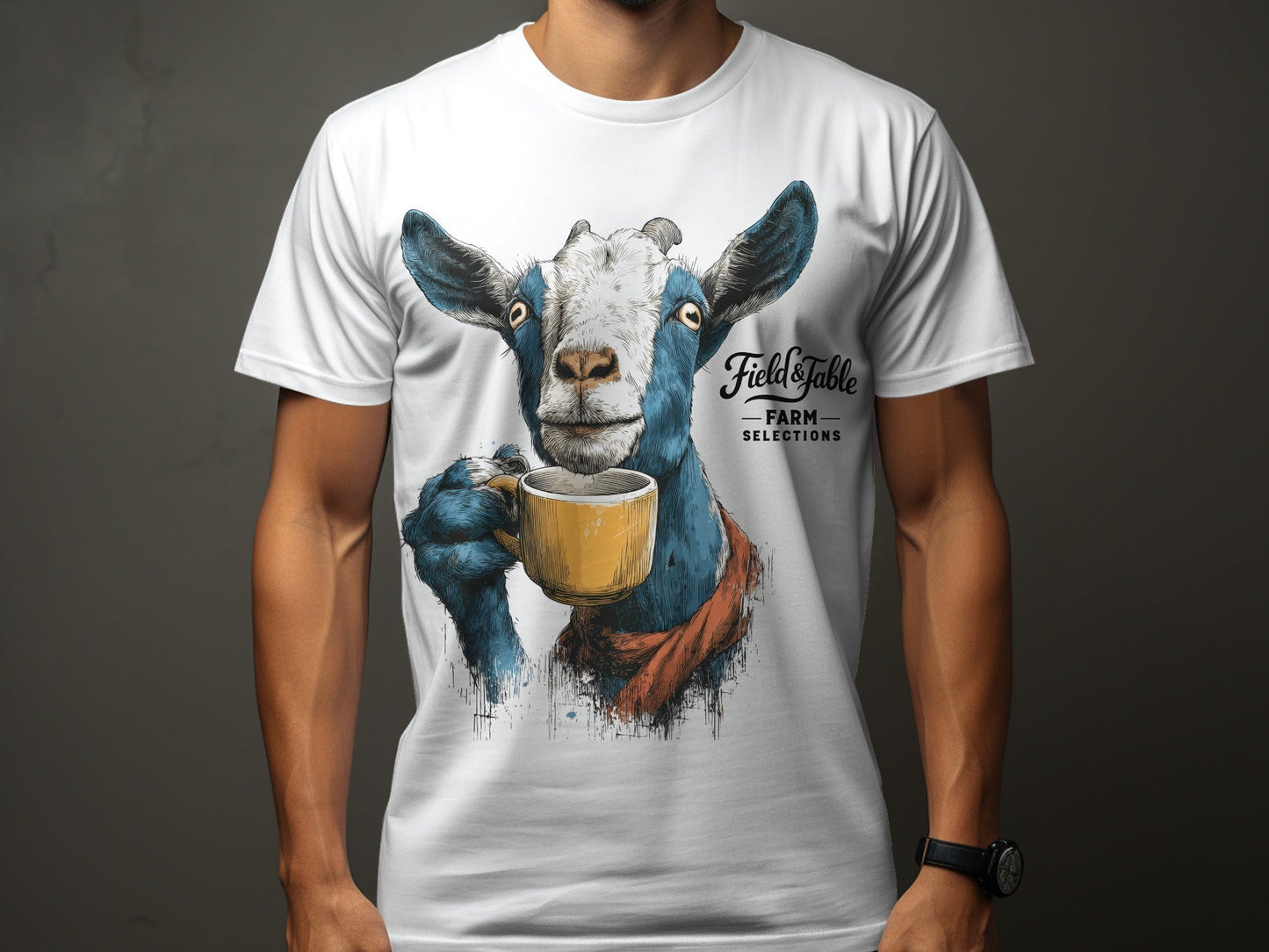 RMA APPAREL Goat with Coffee Mug Graphic Mens T-Shirt Sizes - Field&Fable White T-Shirt - RMA APPAREL - Roclla Media Apparel Store