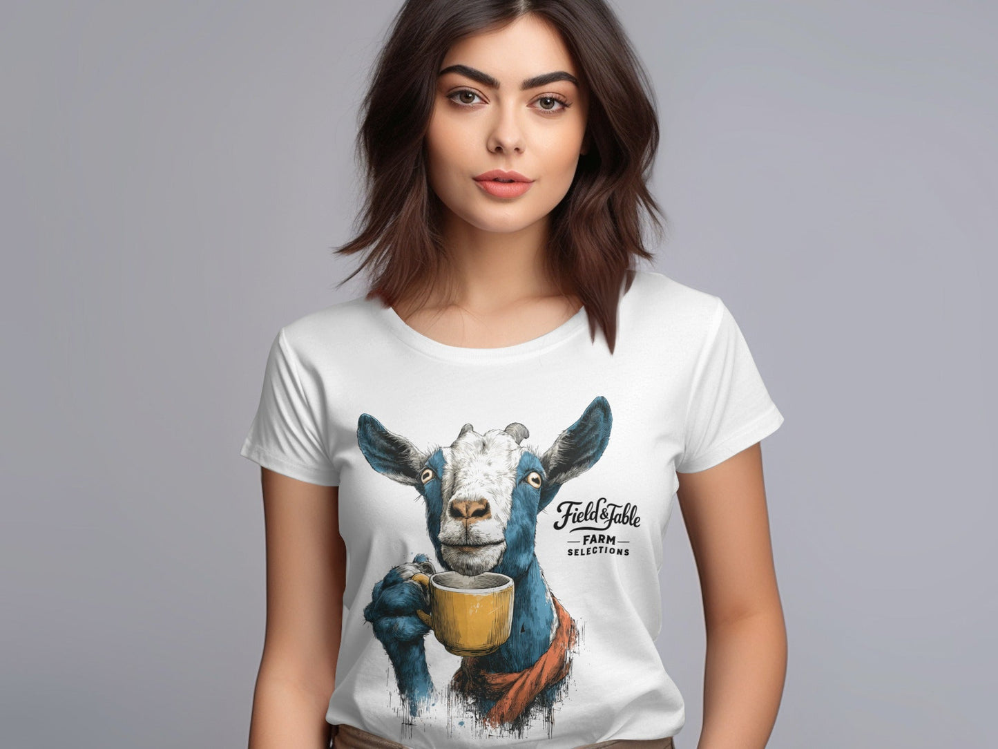 RMA APPAREL Goat with Coffee Mug Graphic Mens T-Shirt Sizes - Field&Fable White T-Shirt - RMA APPAREL - Roclla Media Apparel Store