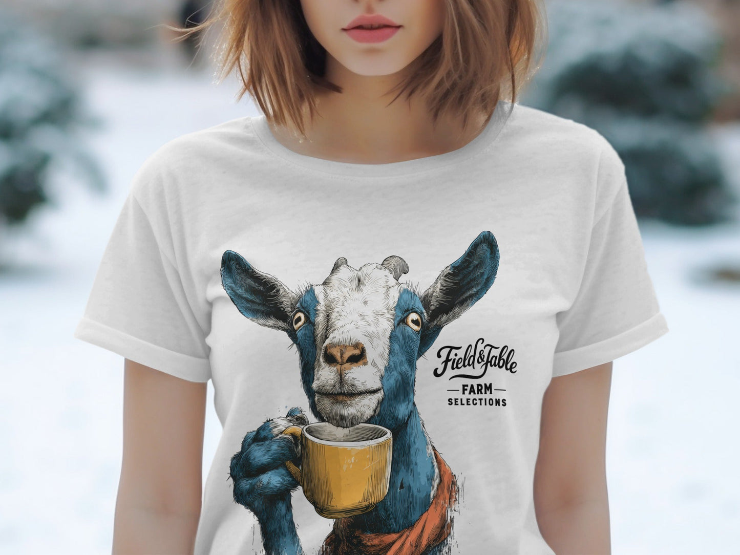 RMA APPAREL Goat with Coffee Mug Graphic Mens T-Shirt Sizes - Field&Fable White T-Shirt - RMA APPAREL - Roclla Media Apparel Store