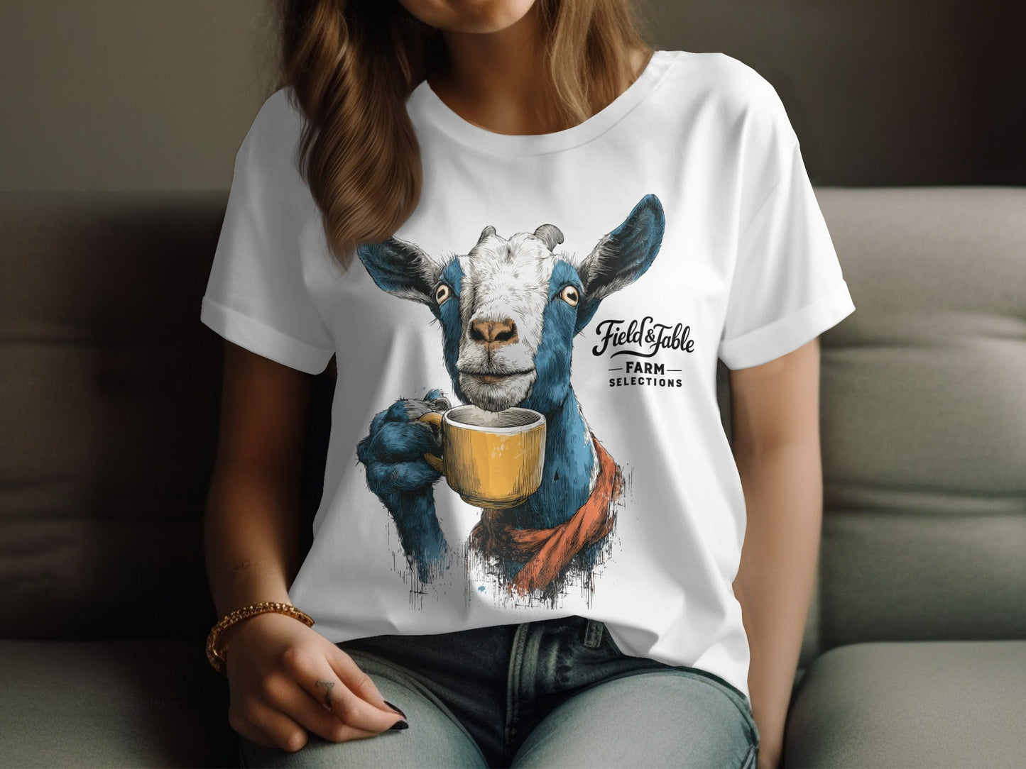 RMA APPAREL Goat with Coffee Mug Graphic Mens T-Shirt Sizes - Field&Fable White T-Shirt - RMA APPAREL - Roclla Media Apparel Store