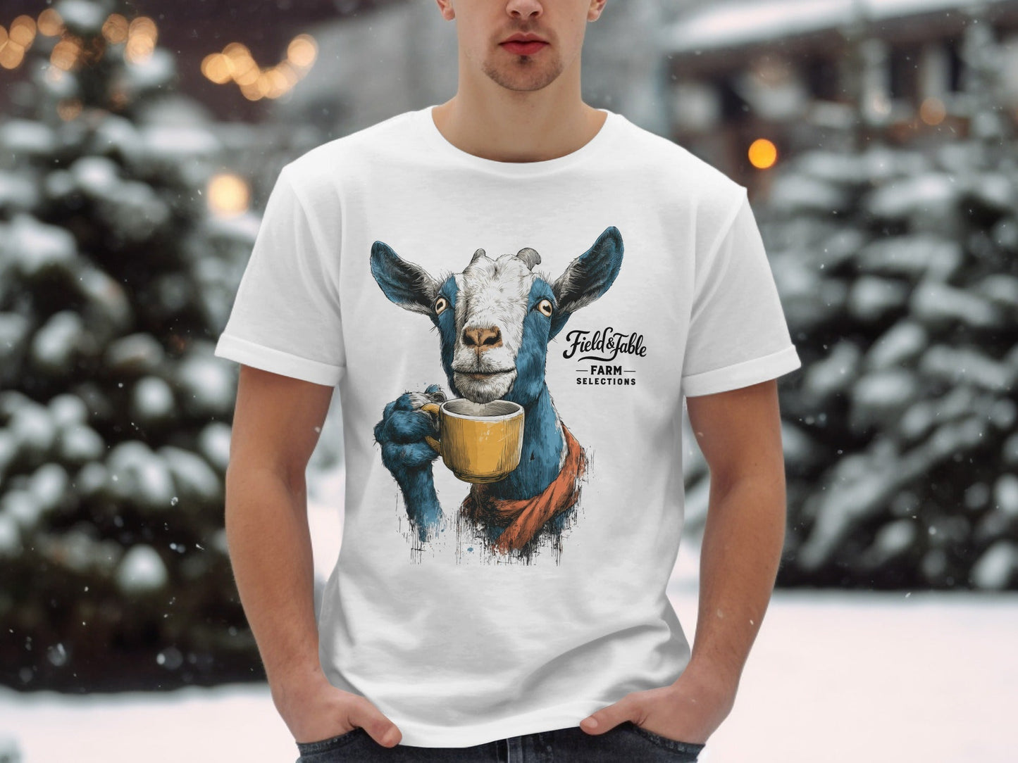 RMA APPAREL Goat with Coffee Mug Graphic Mens T-Shirt Sizes - Field&Fable White T-Shirt - RMA APPAREL - Roclla Media Apparel Store