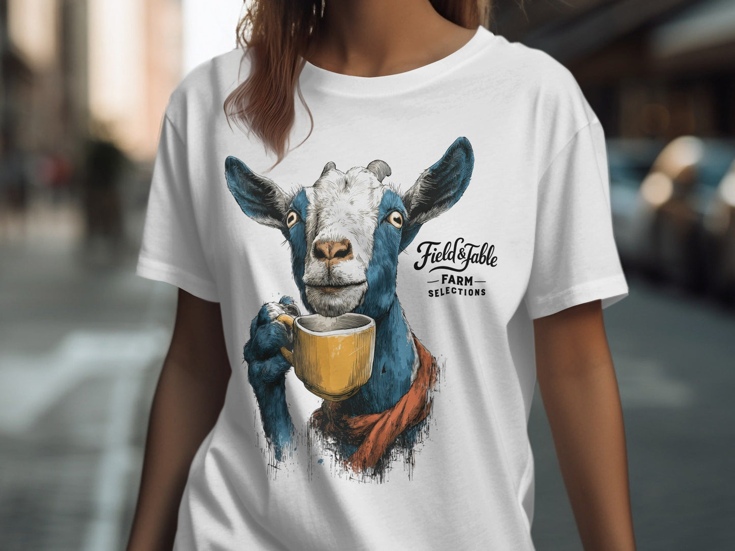 RMA APPAREL Goat with Coffee Mug Graphic Mens T-Shirt Sizes - Field&Fable White T-Shirt - RMA APPAREL - Roclla Media Apparel Store