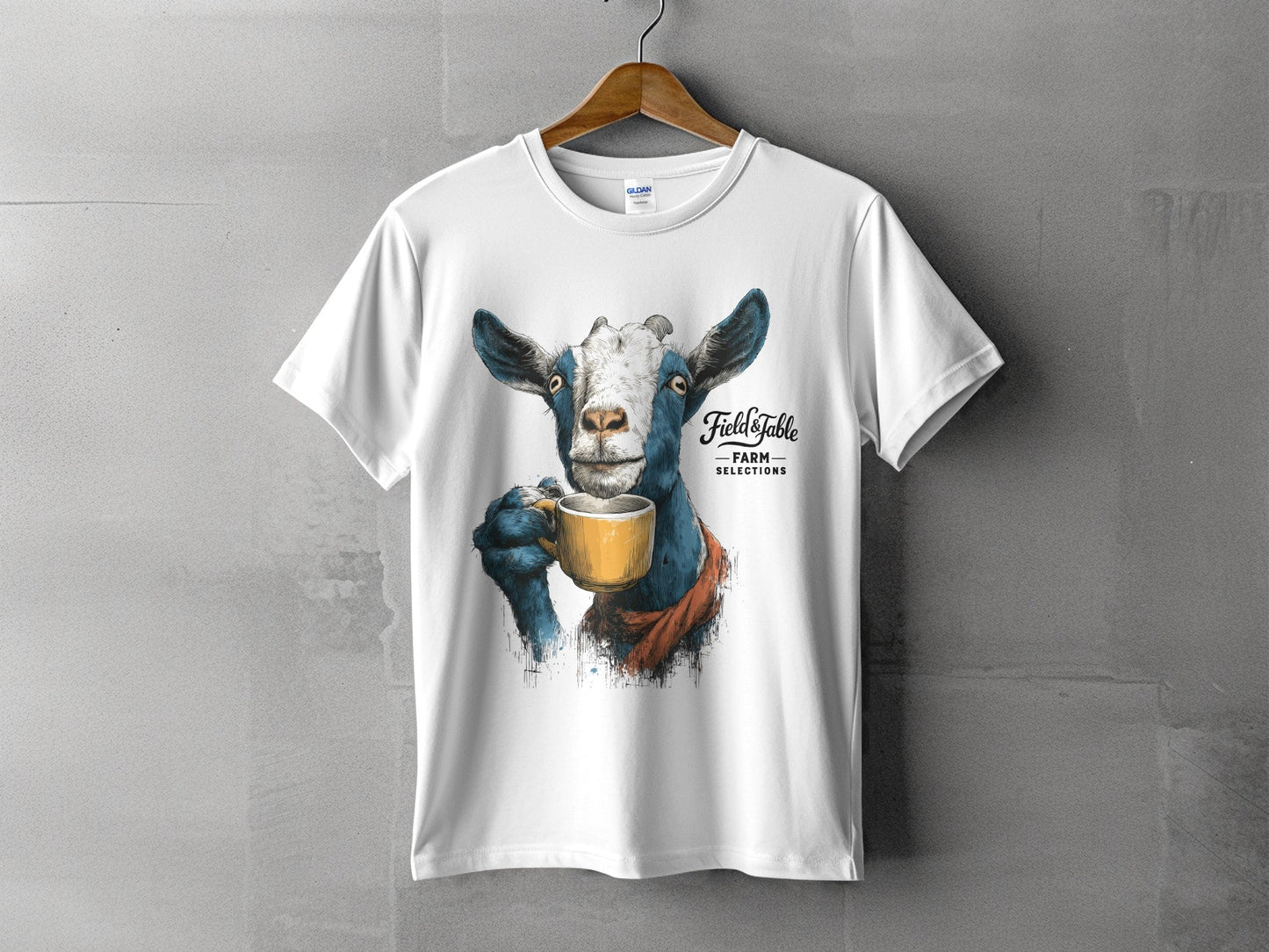 RMA APPAREL Goat with Coffee Mug Graphic Mens T-Shirt Sizes - Field&Fable White T-Shirt - RMA APPAREL - Roclla Media Apparel Store