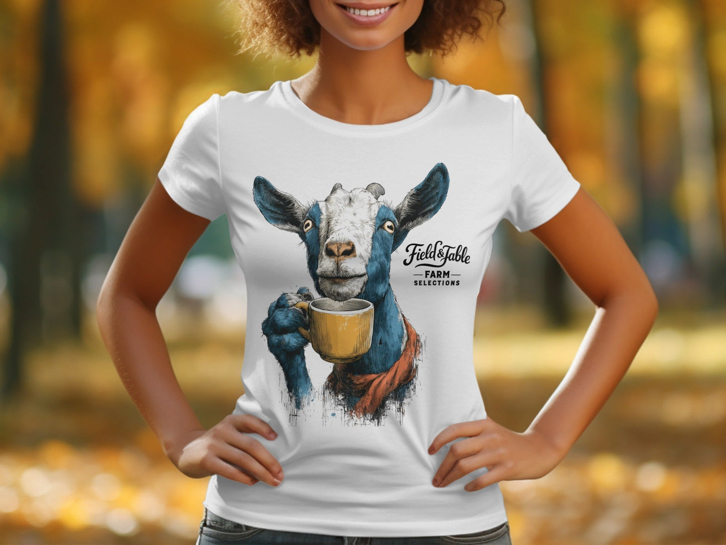 RMA APPAREL Goat with Coffee Mug Graphic Mens T-Shirt Sizes - Field&Fable White T-Shirt - RMA APPAREL - Roclla Media Apparel Store