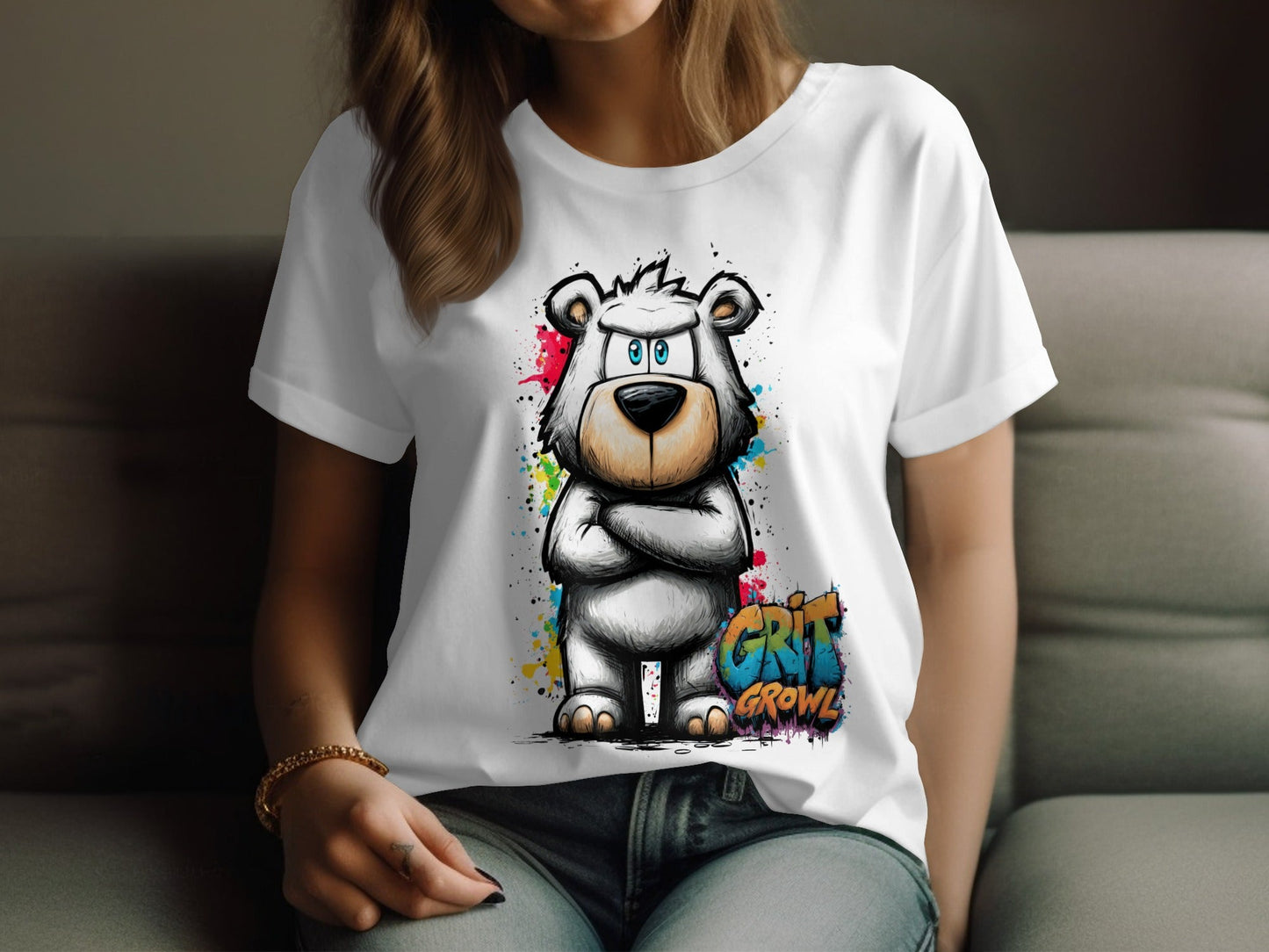 RMA APPAREL Grumpy Polar Bear Graffiti Art Unisex T-Shirt - Grit & Growl White T-Shirts - RMA APPAREL - Roclla Media Apparel Store