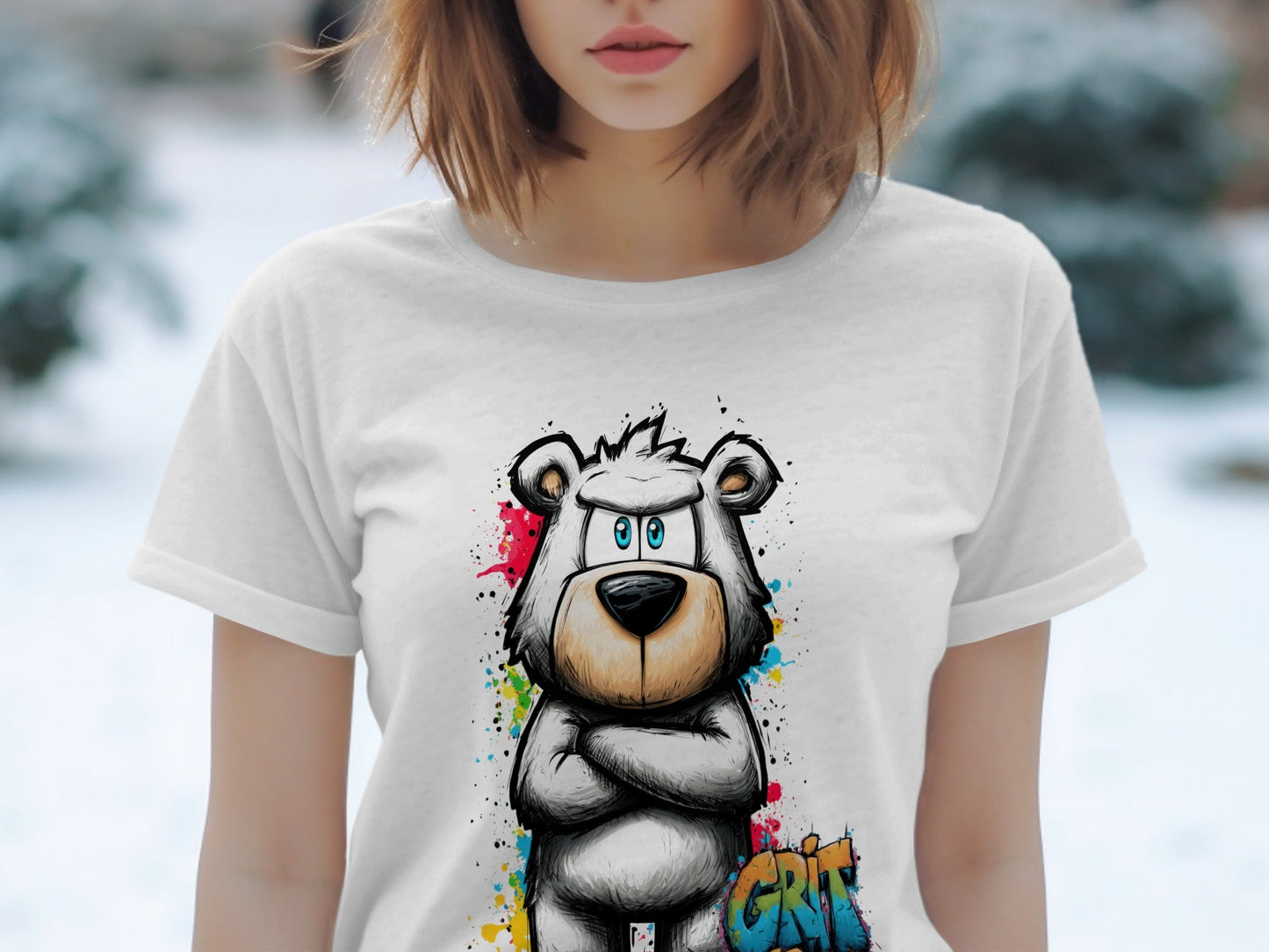 RMA APPAREL Grumpy Polar Bear Graffiti Art Unisex T-Shirt - Grit & Growl White T-Shirts - RMA APPAREL - Roclla Media Apparel Store