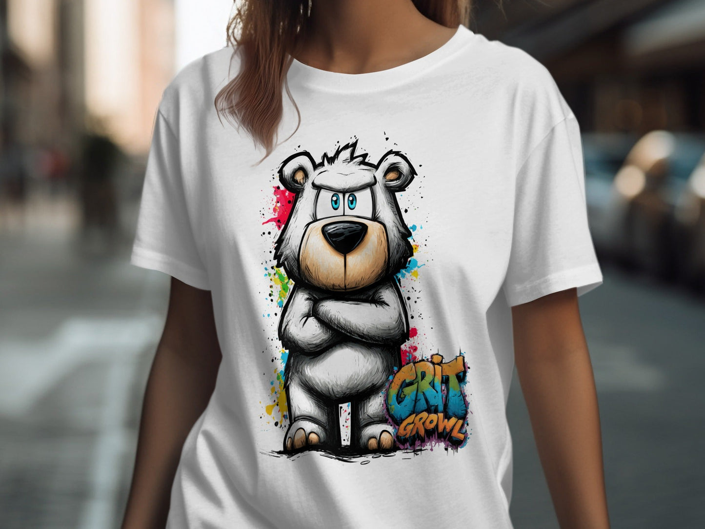 RMA APPAREL Grumpy Polar Bear Graffiti Art Unisex T-Shirt - Grit & Growl White T-Shirts - RMA APPAREL - Roclla Media Apparel Store