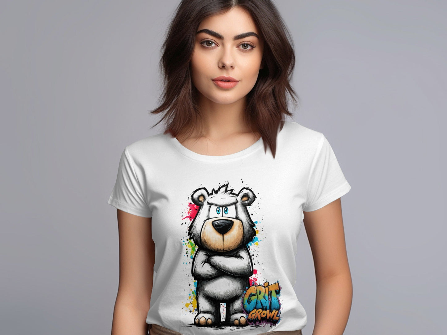 RMA APPAREL Grumpy Polar Bear Graffiti Art Unisex T-Shirt - Grit & Growl White T-Shirts - RMA APPAREL - Roclla Media Apparel Store