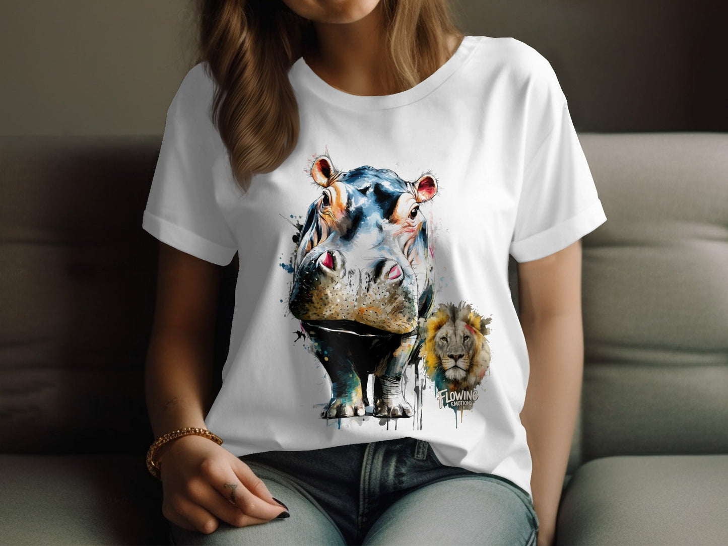 RMA APPAREL Hippo And Lion Design Unisex T-Shirt Sizes S - 5XL - Flowing Emotions White T-Shirts - RMA APPAREL - Roclla Media Apparel Store