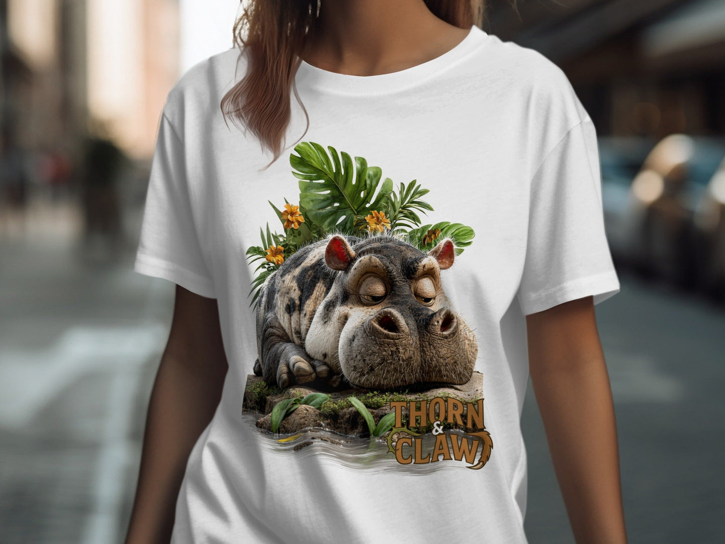RMA APPAREL Hippo and Vegetation Design Sizes S to 5XL T-Shirt - Thorn & Claw White T-Shirts - RMA APPAREL - Roclla Media Apparel Store