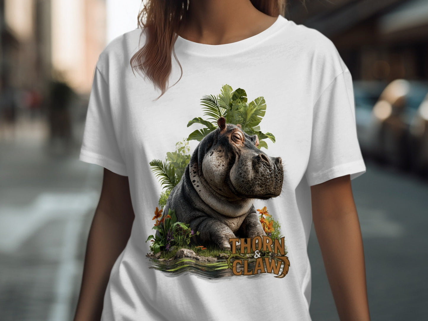 RMA APPAREL Hippo In Paradise Mens Womens Unisex T-Shirt - Thorn & Claw White T-Shirts - RMA APPAREL - Roclla Media Apparel Store