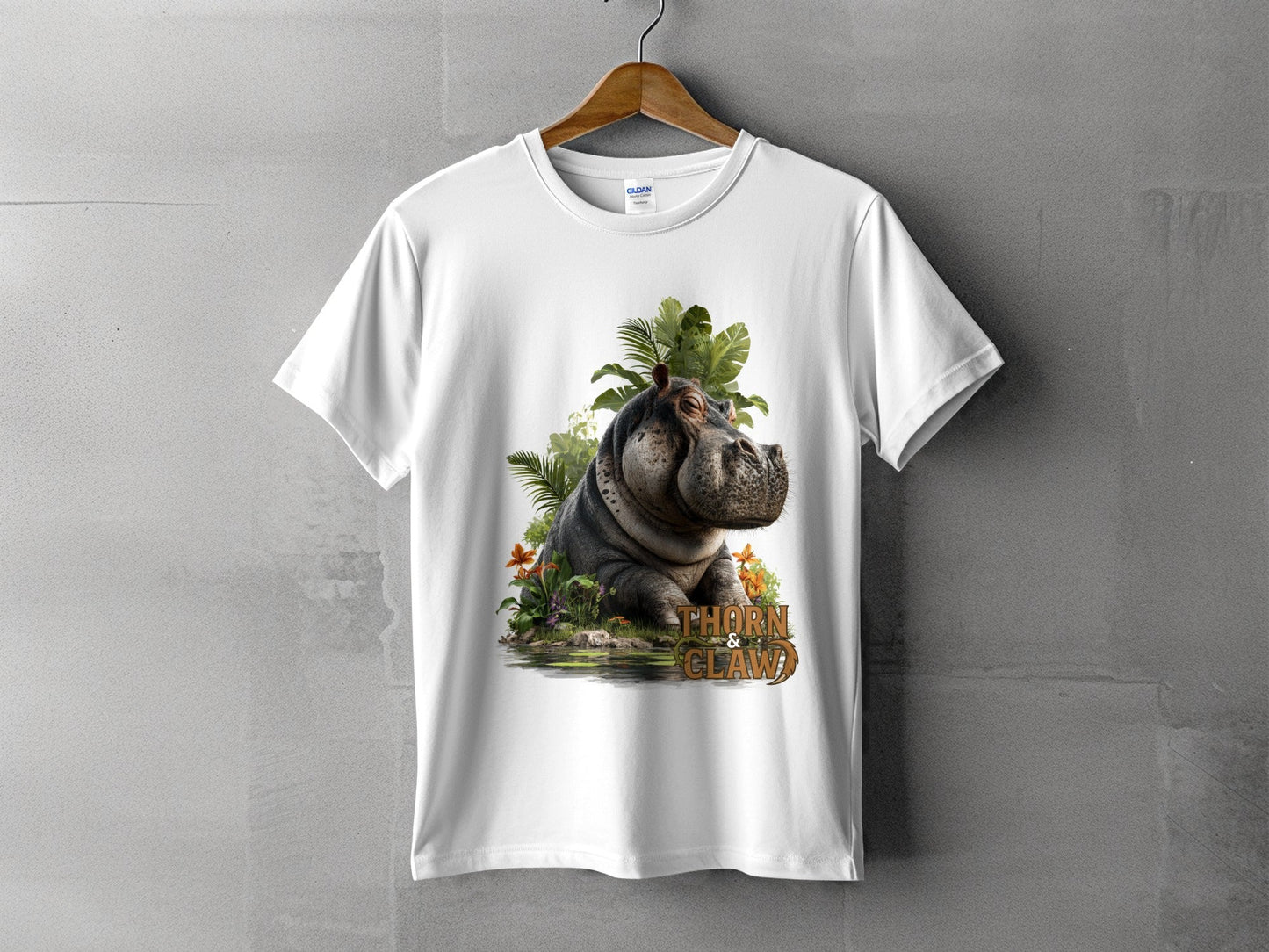 RMA APPAREL Hippo In Paradise Mens Womens Unisex T-Shirt - Thorn & Claw White T-Shirts - RMA APPAREL - Roclla Media Apparel Store