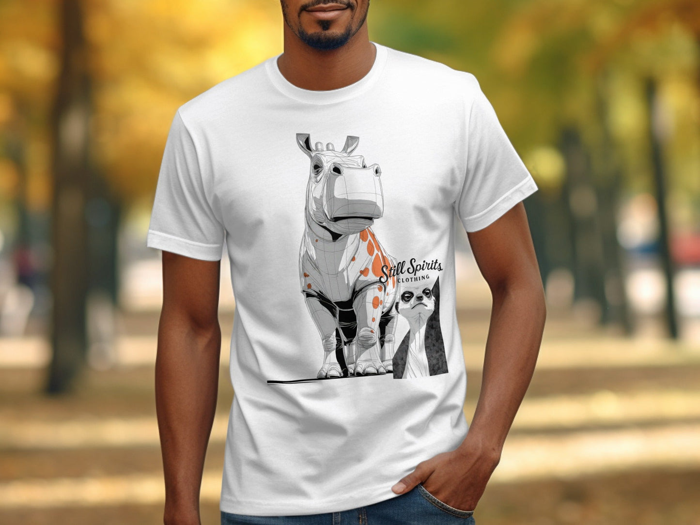 RMA APPAREL Hippo Meerkat Wildlife Art Mens Womens T-Shirt - Still Spirits White T-Shirt - RMA APPAREL - Roclla Media Apparel Store