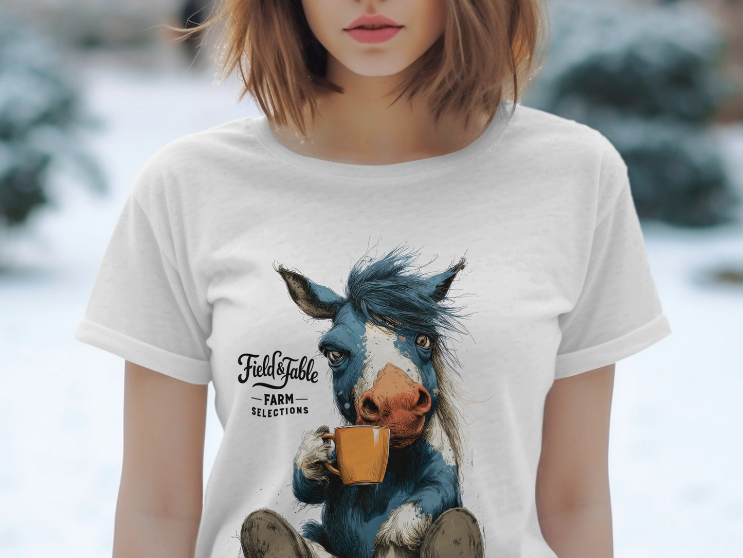 RMA APPAREL Horse Sipping Coffee Animal Unisex T-Shirt - Field&Fable White T-Shirt - RMA APPAREL - Roclla Media Apparel Store
