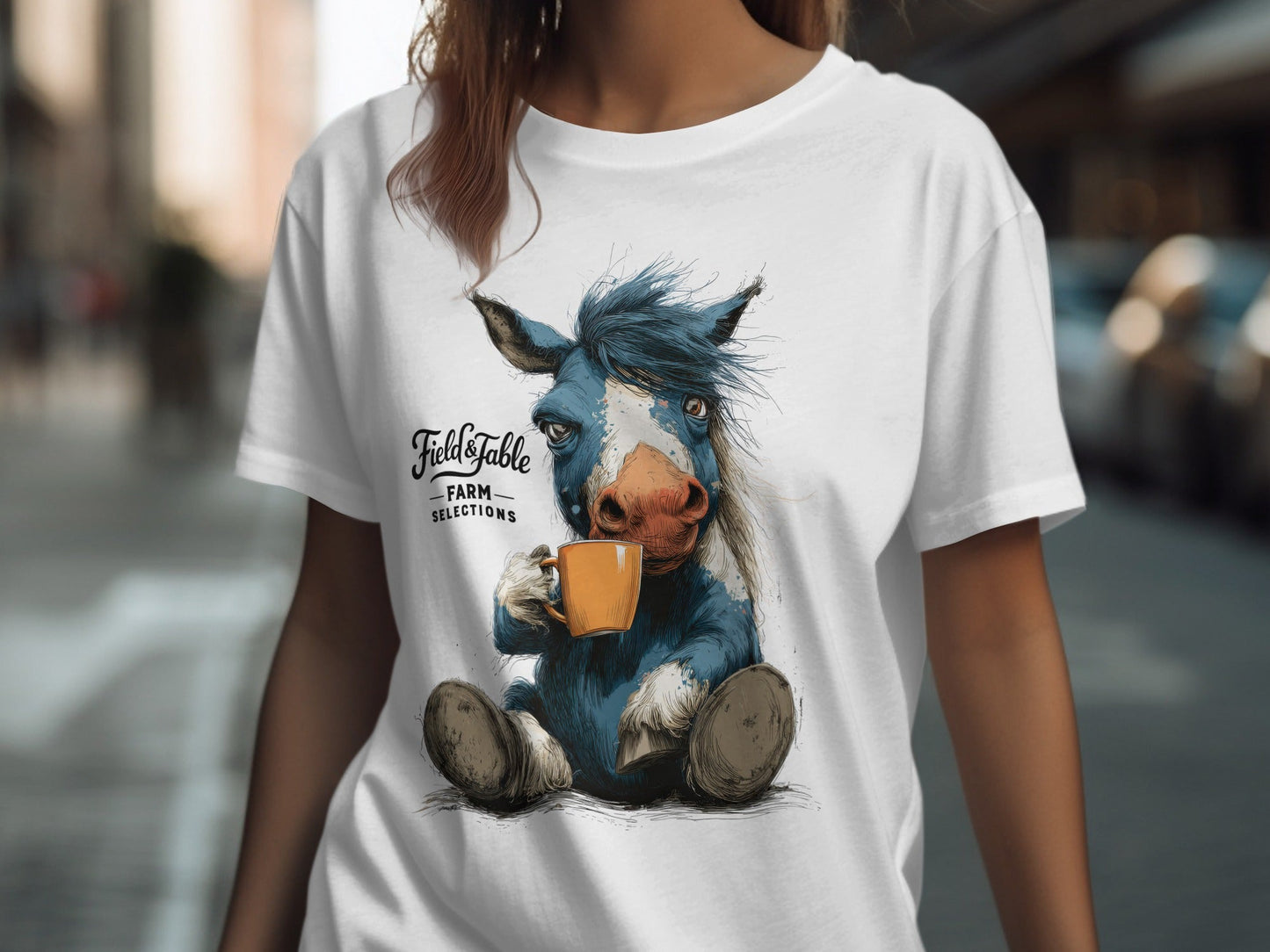 RMA APPAREL Horse Sipping Coffee Animal Unisex T-Shirt - Field&Fable White T-Shirt - RMA APPAREL - Roclla Media Apparel Store