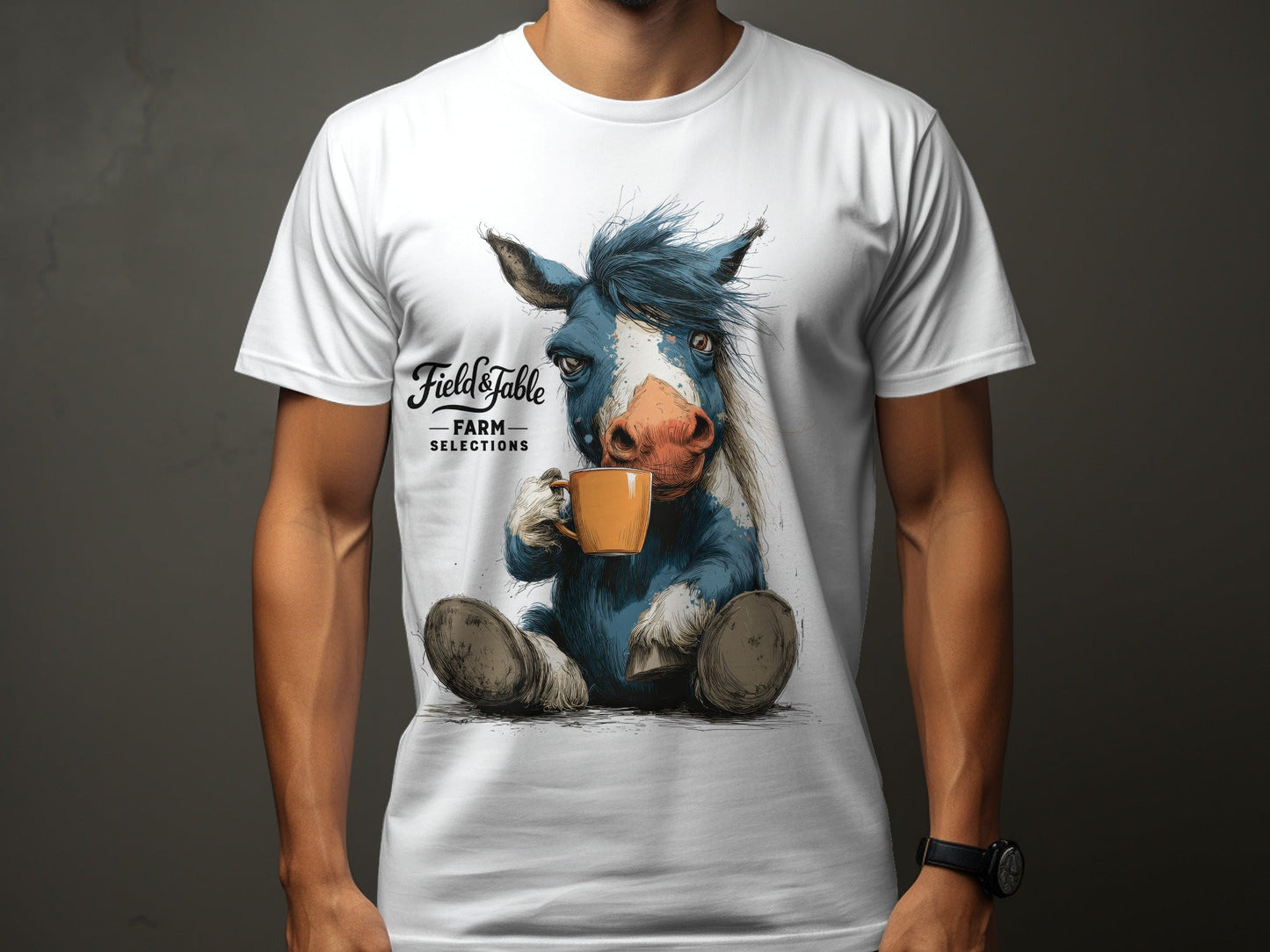 RMA APPAREL Horse Sipping Coffee Animal Unisex T-Shirt - Field&Fable White T-Shirt - RMA APPAREL - Roclla Media Apparel Store