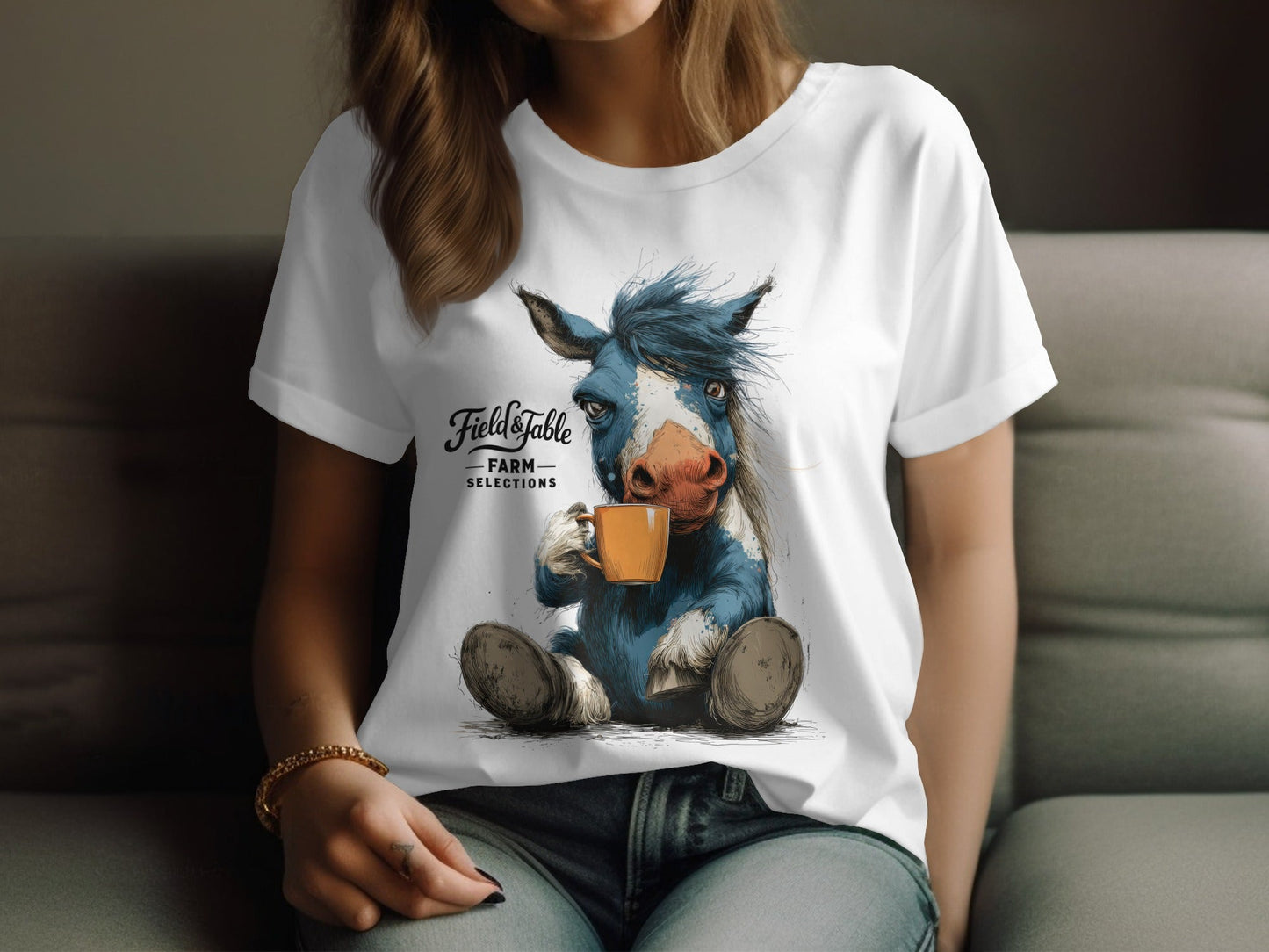 RMA APPAREL Horse Sipping Coffee Animal Unisex T-Shirt - Field&Fable White T-Shirt - RMA APPAREL - Roclla Media Apparel Store