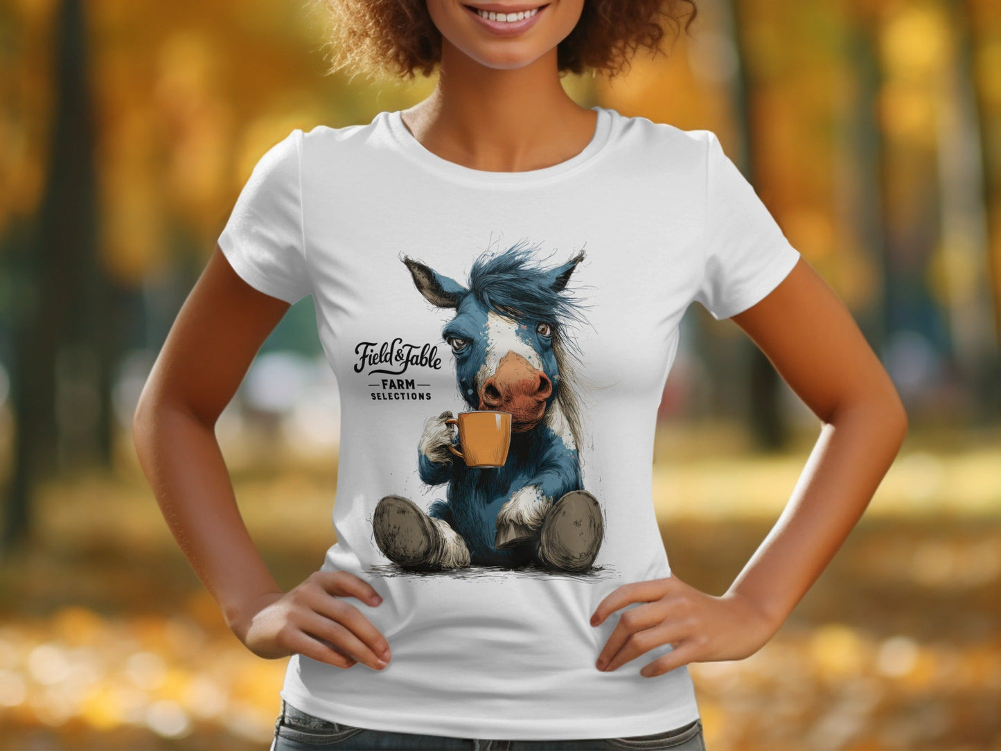 RMA APPAREL Horse Sipping Coffee Animal Unisex T-Shirt - Field&Fable White T-Shirt - RMA APPAREL - Roclla Media Apparel Store