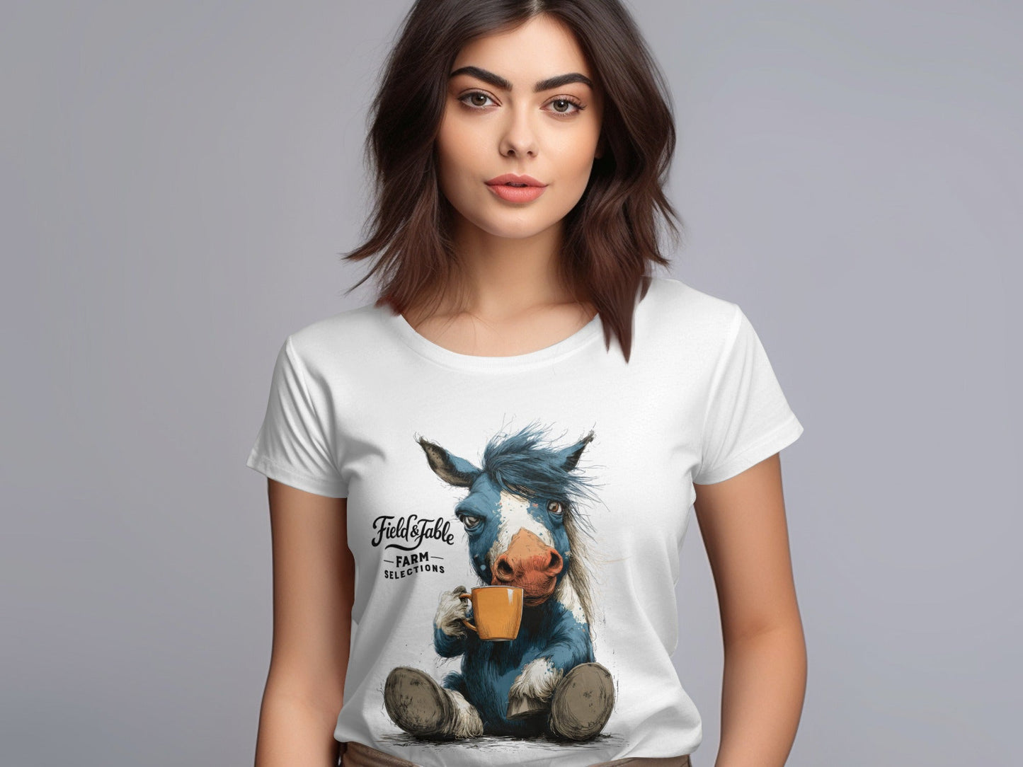 RMA APPAREL Horse Sipping Coffee Animal Unisex T-Shirt - Field&Fable White T-Shirt - RMA APPAREL - Roclla Media Apparel Store