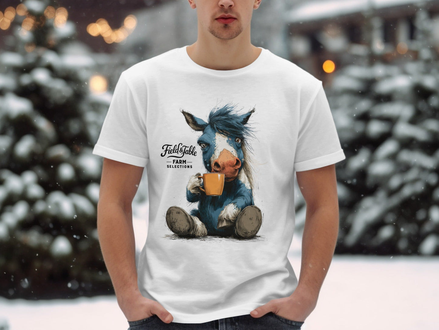 RMA APPAREL Horse Sipping Coffee Animal Unisex T-Shirt - Field&Fable White T-Shirt - RMA APPAREL - Roclla Media Apparel Store