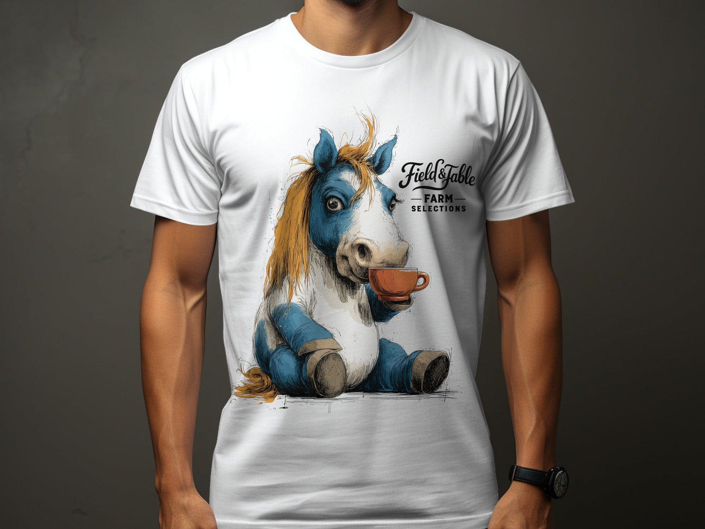 RMA APPAREL Horse with Tea Unisex T-Shirt Sizes S to 5XL T-Shirt - Field&Fable White T-Shirt - RMA APPAREL - Roclla Media Apparel Store