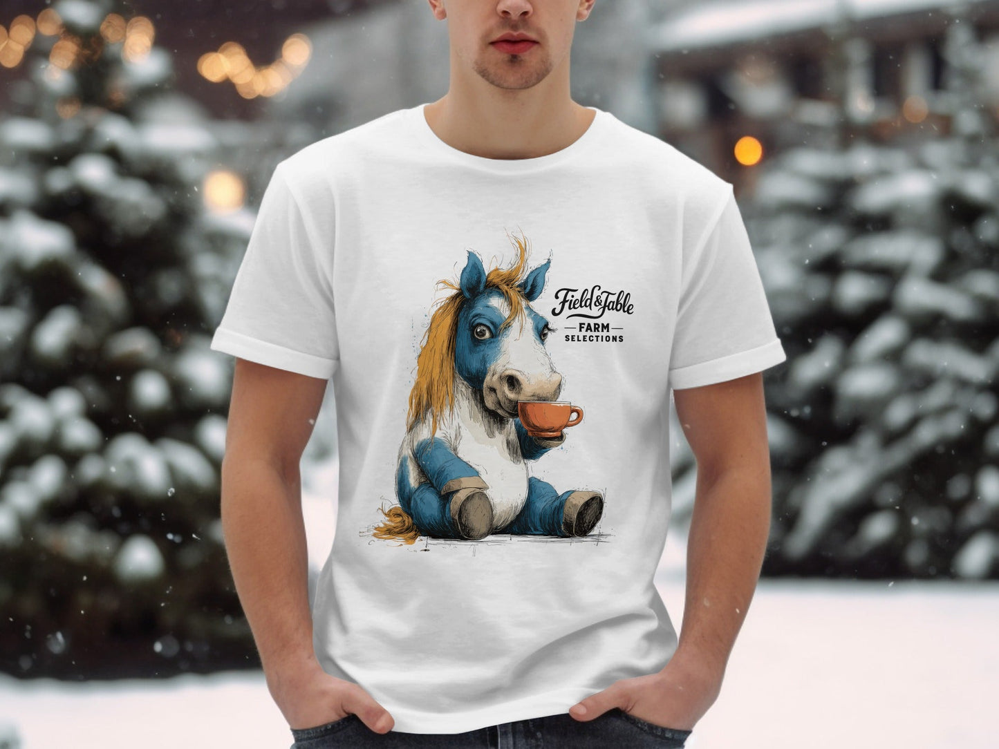 RMA APPAREL Horse with Tea Unisex T-Shirt Sizes S to 5XL T-Shirt - Field&Fable White T-Shirt - RMA APPAREL - Roclla Media Apparel Store