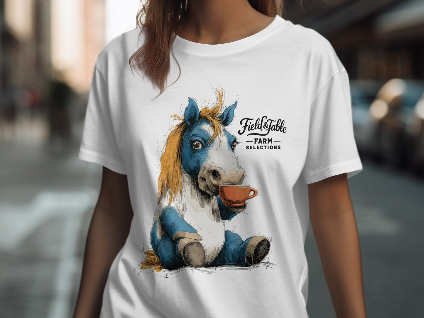 RMA APPAREL Horse with Tea Unisex T-Shirt Sizes S to 5XL T-Shirt - Field&Fable White T-Shirt - RMA APPAREL - Roclla Media Apparel Store