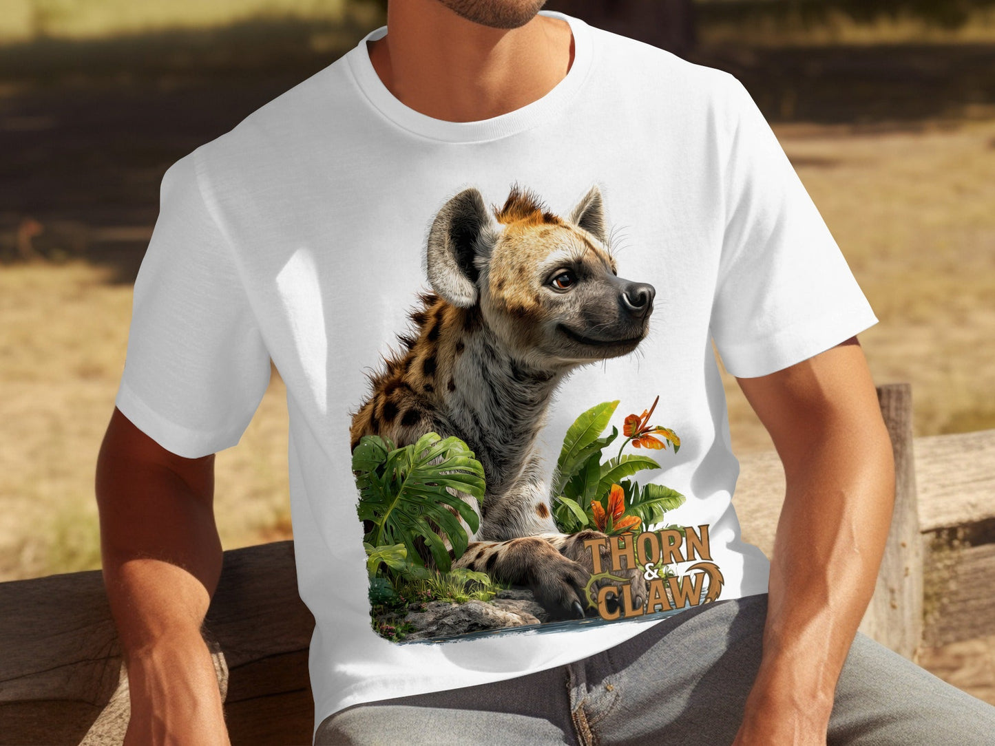 RMA APPAREL Hyena In The Jungle Mens Womens Unisex T-Shirt - Thorn & Claw White T-Shirts - RMA APPAREL - Roclla Media Apparel Store