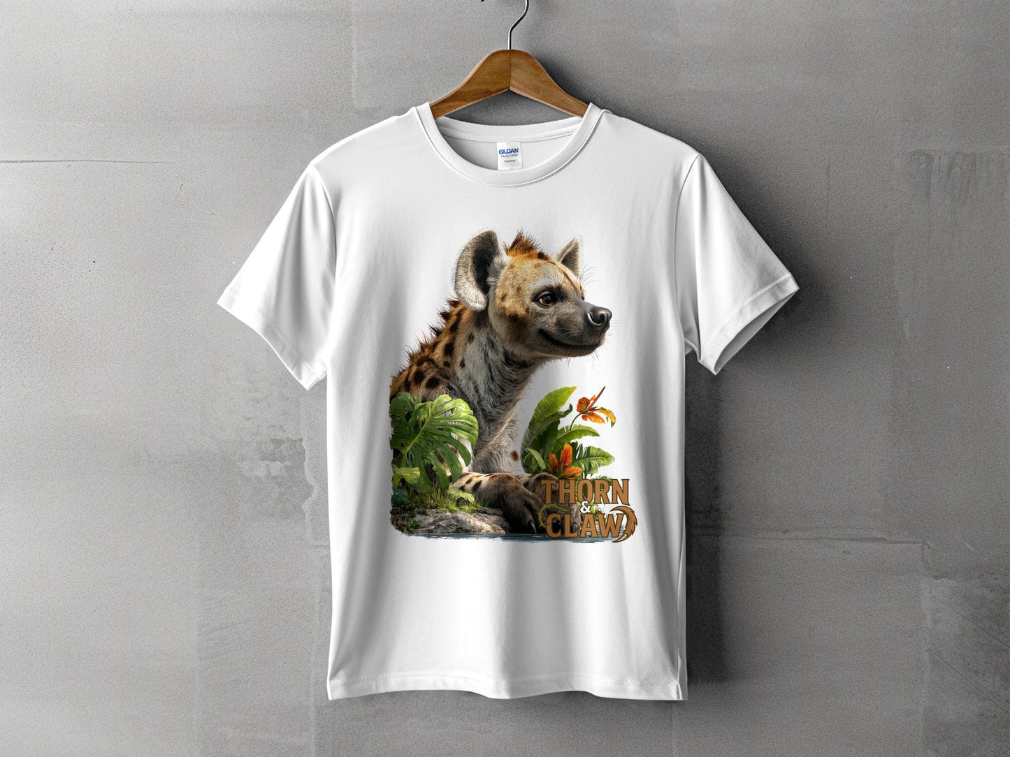 RMA APPAREL Hyena In The Jungle Mens Womens Unisex T-Shirt - Thorn & Claw White T-Shirts - RMA APPAREL - Roclla Media Apparel Store