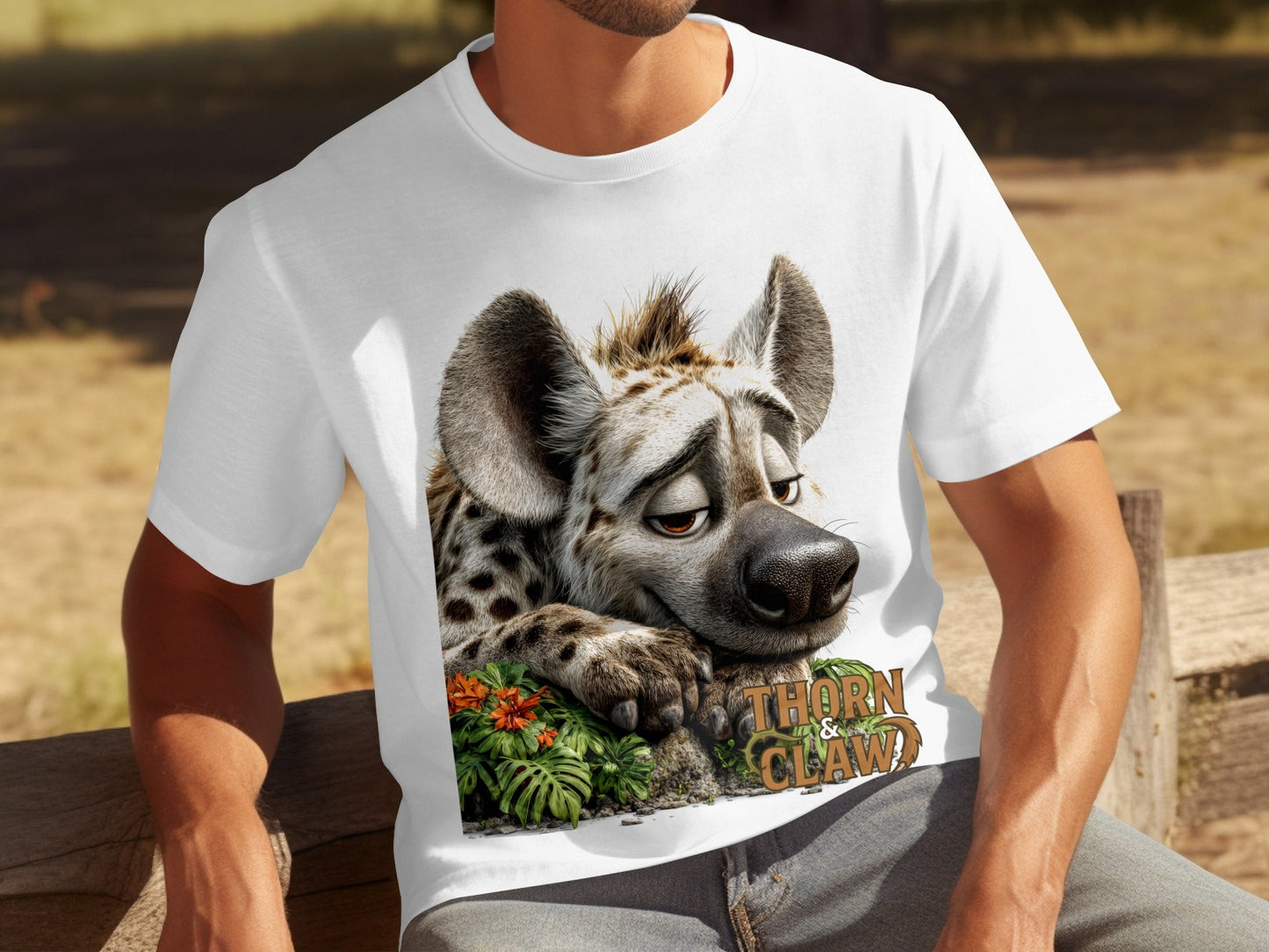 RMA APPAREL Hyena Wildlife Illustration Mens Unisex T-Shirt - Thorn & Claw White T-Shirts - RMA APPAREL - Roclla Media Apparel Store