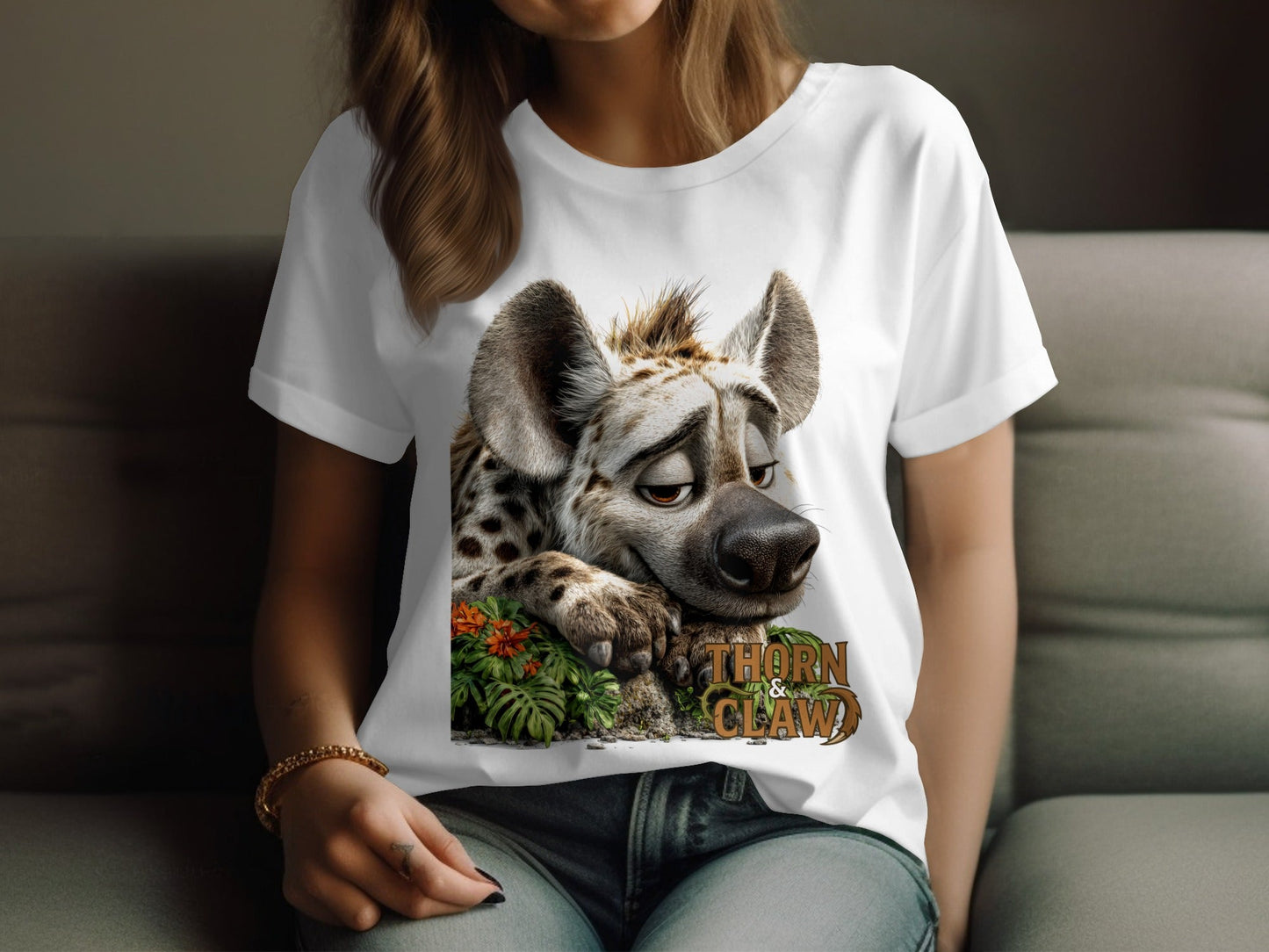 RMA APPAREL Hyena Wildlife Illustration Mens Unisex T-Shirt - Thorn & Claw White T-Shirts - RMA APPAREL - Roclla Media Apparel Store