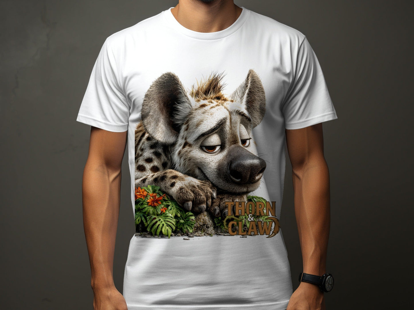 RMA APPAREL Hyena Wildlife Illustration Mens Unisex T-Shirt - Thorn & Claw White T-Shirts - RMA APPAREL - Roclla Media Apparel Store