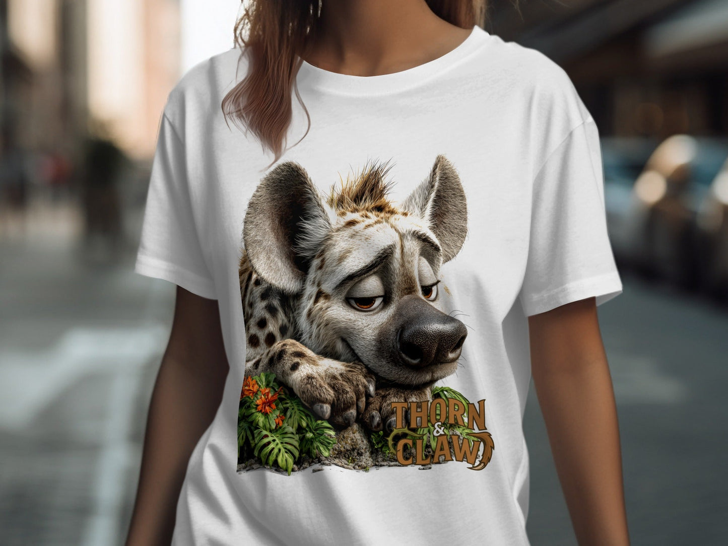 RMA APPAREL Hyena Wildlife Illustration Mens Unisex T-Shirt - Thorn & Claw White T-Shirts - RMA APPAREL - Roclla Media Apparel Store
